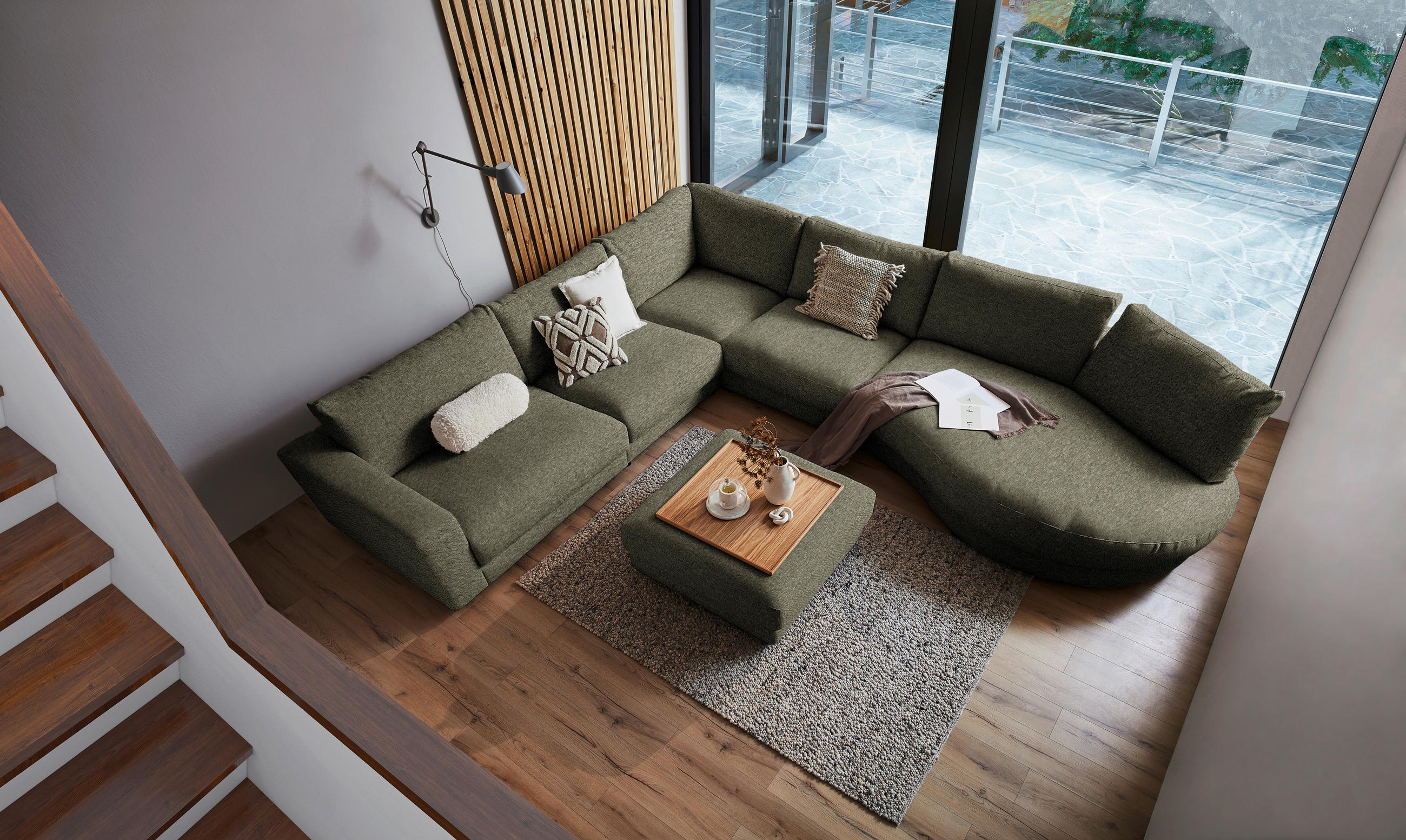ECKSOFA in Flachgewebe Olivgrün  365/425 cm  - Schwarz/Olivgrün, Design, Kunststoff/Textil (365/425cm) - Lomoco