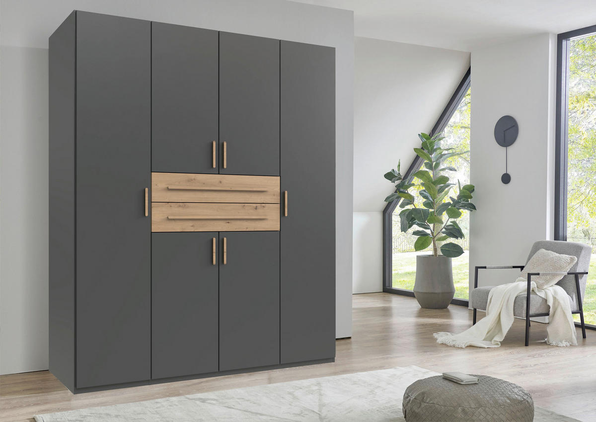 OMARA ZA OBLAČILA, barve grafita, hrast artisan  - barve grafita/hrast artisan, Moderno, leseni material (180/208/58cm) - Carryhome