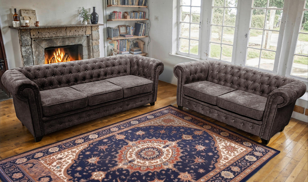 CHESTERFIELD-SOFA CHESTERFIELD in Flachgewebe Braun  - Schwarz/Braun, KONVENTIONELL, Holz/Holzwerkstoff (182/72/92cm) - Livetastic