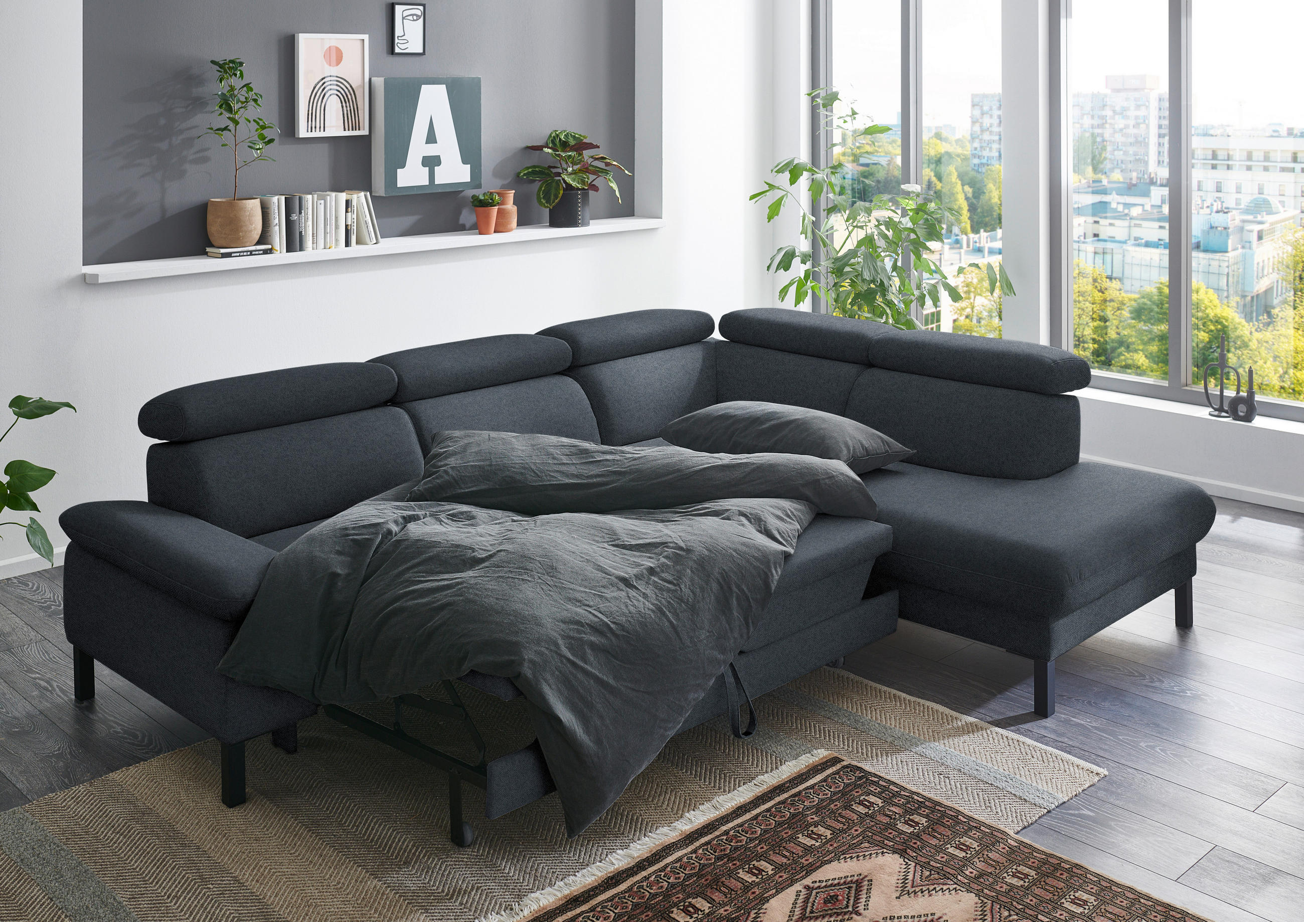 ECKSOFA in Flachgewebe Anthrazit  - Anthrazit/Schwarz, Design, Holzwerkstoff/Textil (272/217cm) - Pure Home Comfort
