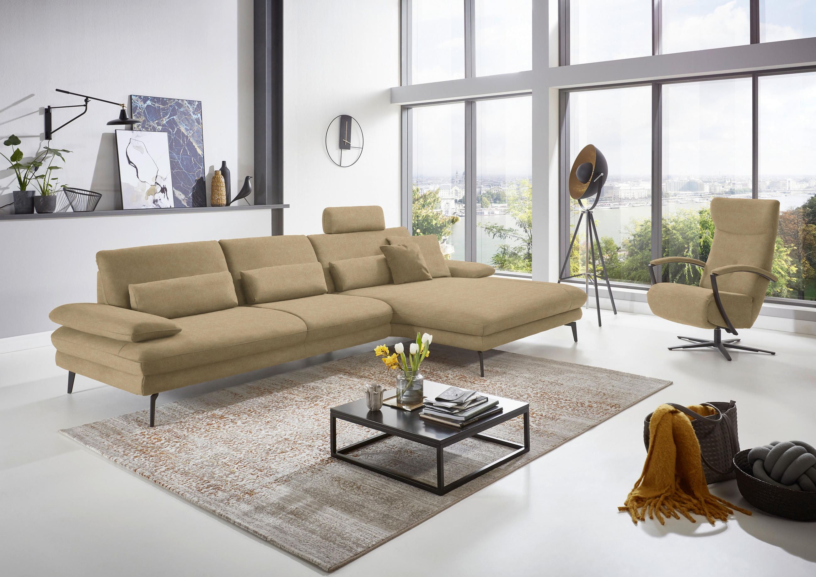 ECKSOFA in Velours Cappuccino  310/180 cm  - Schwarz/Cappuccino, Design, Textil/Metall (310/180cm) - Dieter Knoll