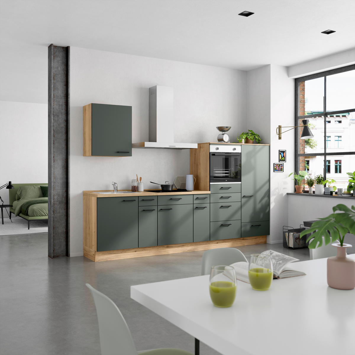 KÜCHENBLOCK Easytouch 300 cm  in Eichefarben, Dunkelgrün  - Dunkelgrün/Eichefarben, MODERN, Holzwerkstoff/Metall (300cm) - Nobilia