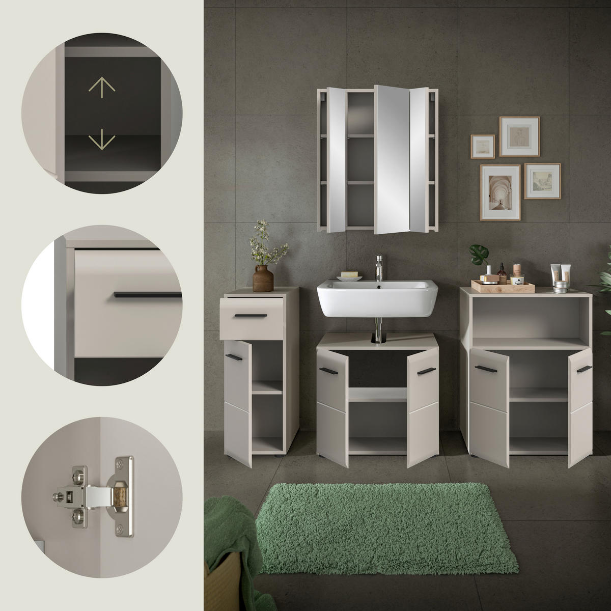 BADEZIMMER 4-teilig  in 150 cm  - Kaschmir/Schwarz, Trend, Glas/Holzwerkstoff (150cm) - MID.YOU