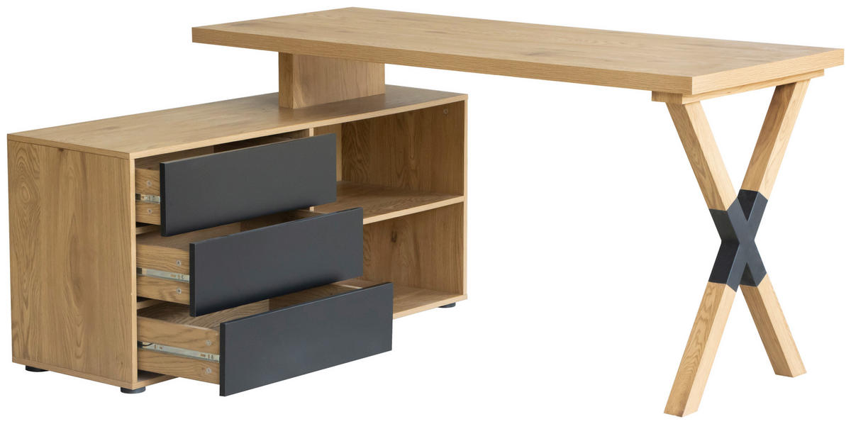 ECKSCHREIBTISCH  in Schwarz, Eichefarben  - Eichefarben/Schwarz, MODERN, Holzwerkstoff/Metall (150/75/120cm) - MID.YOU