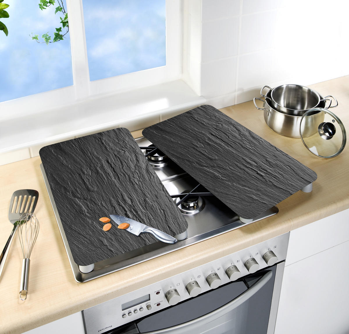 HERDABDECKPLATTE  - Schieferfarben, Design, Glas/Kunststoff (30/1,8-4,5/52cm) - Wenko
