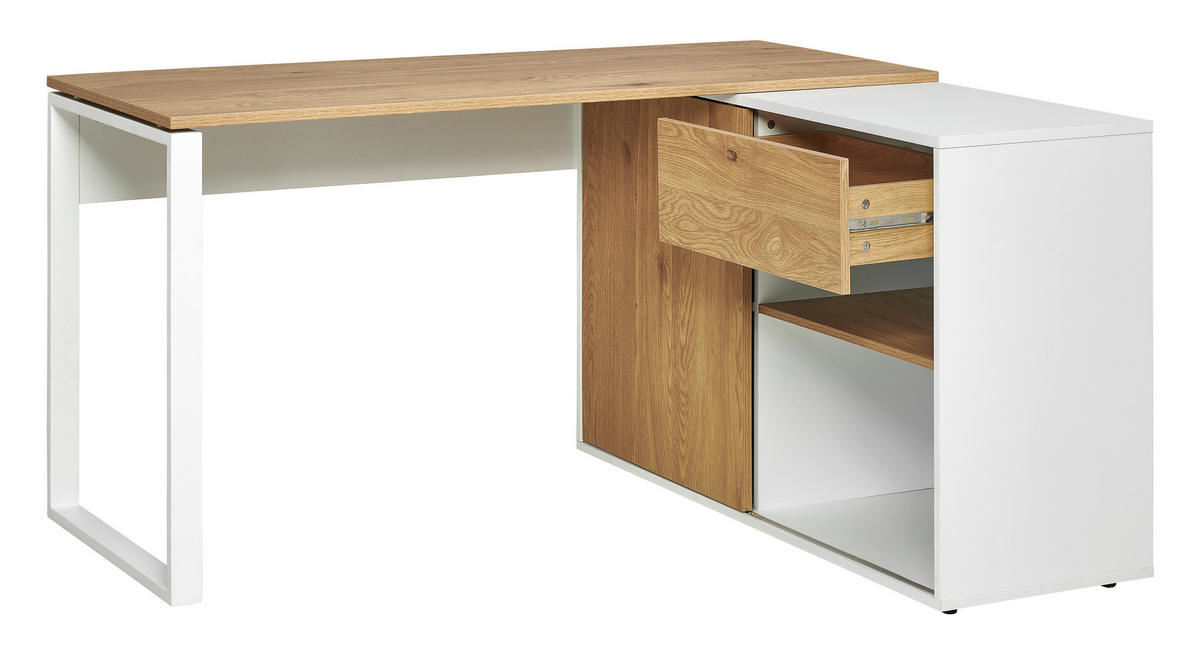 ECKSCHREIBTISCH  Weiß, Eichefarben Stauraum, seitenverkehrt montierbar  - Eichefarben/Weiß, MODERN, Holzwerkstoff/Metall (140/75/118cm) - MID.YOU