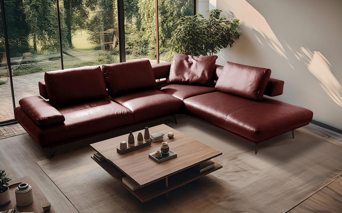 ECKSOFA Rot Echtleder  - Rot/Schwarz, Design, Leder/Metall (306/237cm) - Livetastic