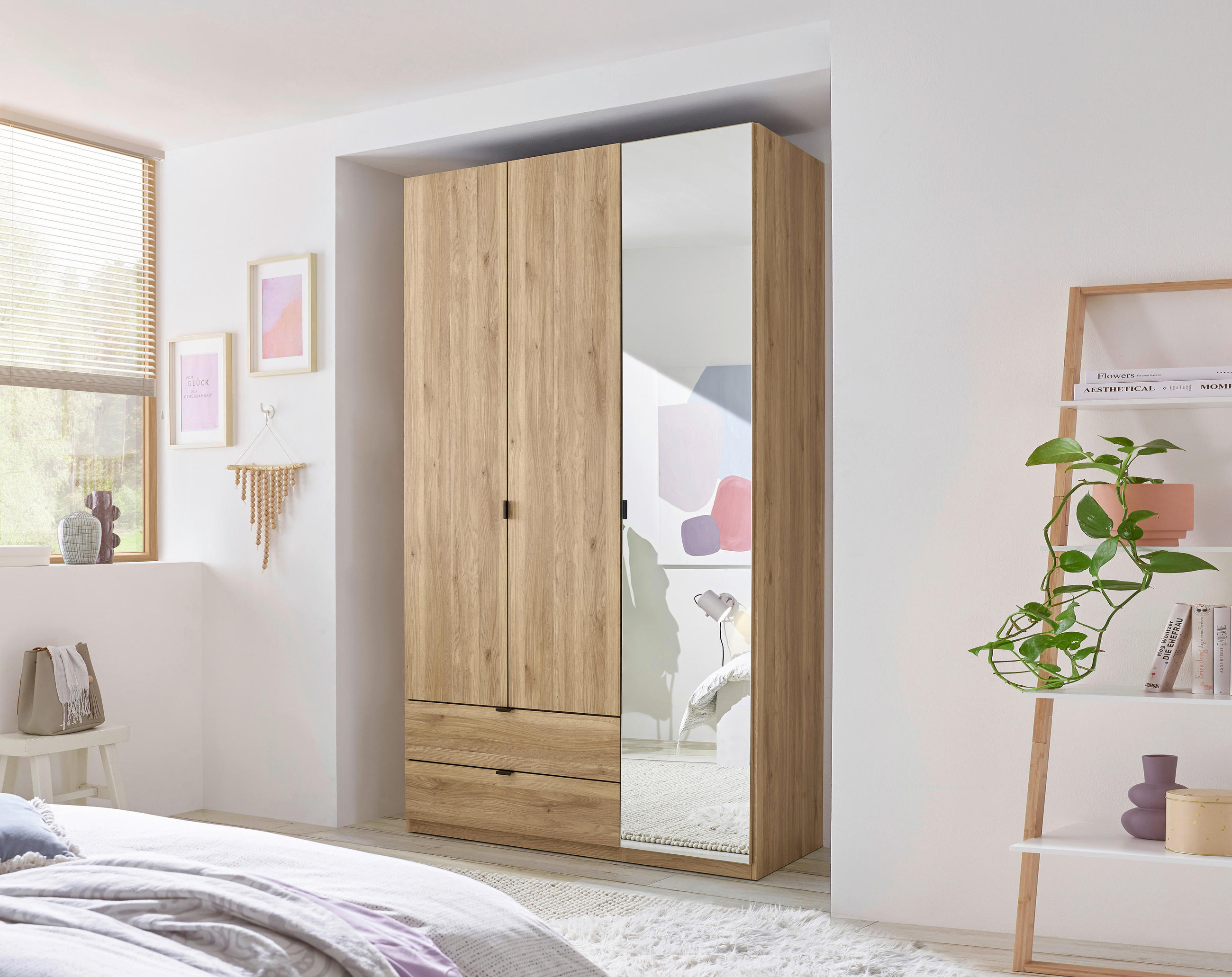 DREHTÜRENSCHRANK 135,4/225,5/57 cm 3-türig Eichefarben  - Eichefarben/Schwarz, MODERN, Glas/Holzwerkstoff (135,4/225,5/57cm) - Xora