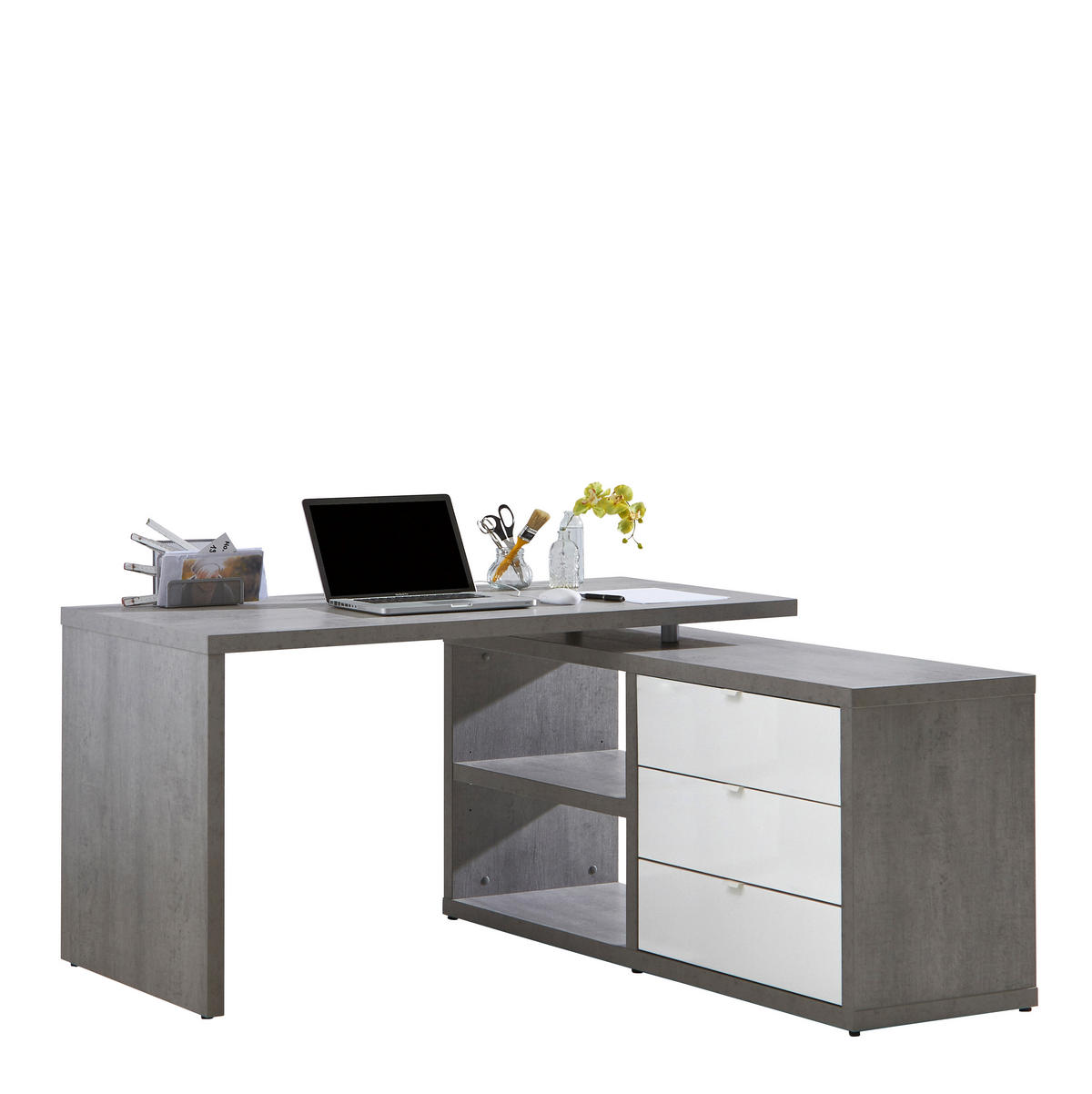 ECKSCHREIBTISCH 140/150/74 cm  in Grau, Weiß Hochglanz  - Weiß Hochglanz/Weiß, Design, Holzwerkstoff/Metall (140/150/74cm) - Carryhome