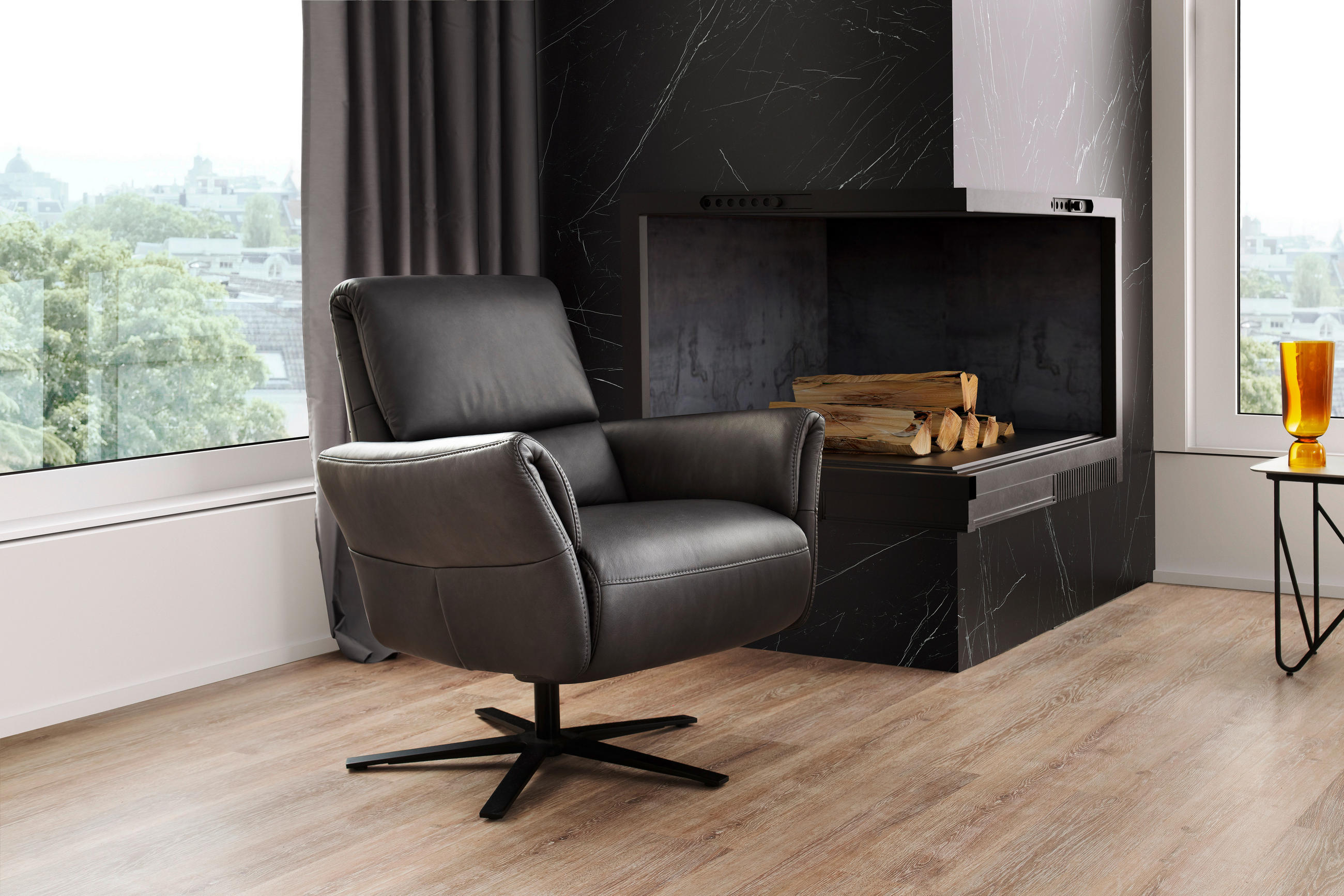 RELAXSESSEL Echtleder Relaxfunktion, Kopfteilverstellung, Nackenkissen    - Anthrazit/Schwarz, Design, Leder/Metall (81/92/120/82cm) - Schöner Wohnen