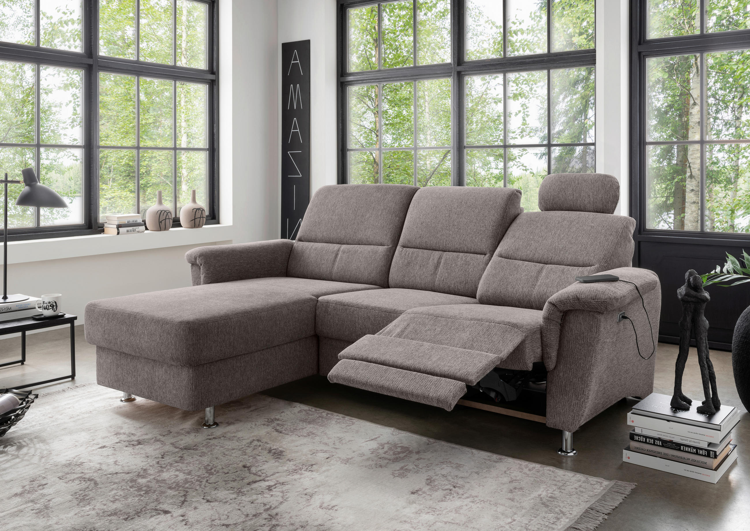 Thumbnail - Livetastic Ecksofa, Graubraun, Textil, Uni, 4-Sitzer, L-Form, 231x165 cm, Rücken echt, USB-Anschluss, Herz-Waage-Funktio...