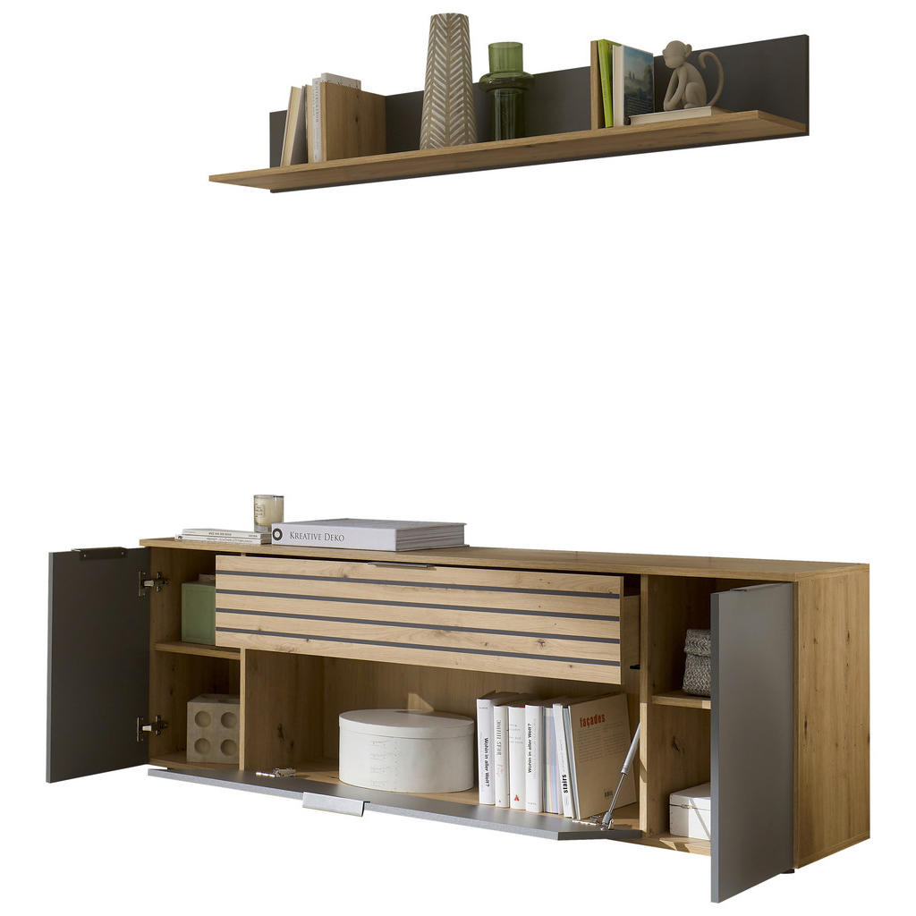 Thumbnail - Mid.you Wohnwand, Eiche Artisan, Grau, Kunststoff, 2-teilig, 2 Fächer, 1 Schubladen, 177x59.4x37 cm, Made in EU, Beimöbe...