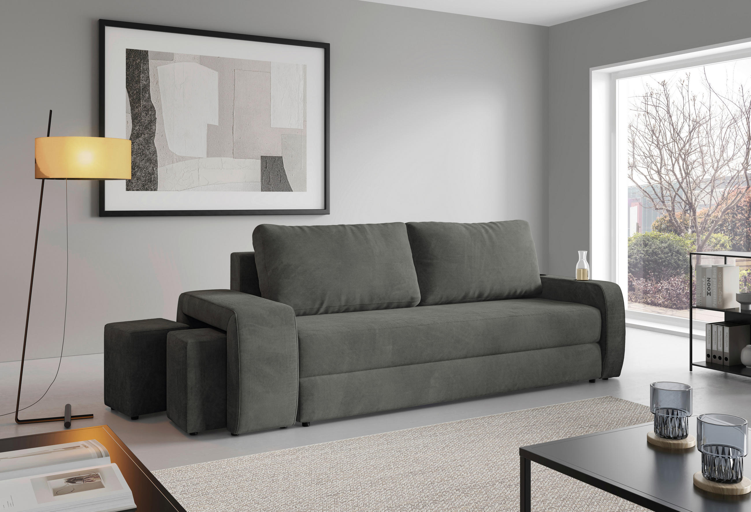 SCHLAFSOFA INES in Plüsch Grau  - Schwarz/Grau, Design, Kunststoff/Textil (258/98/95cm) - Livetastic