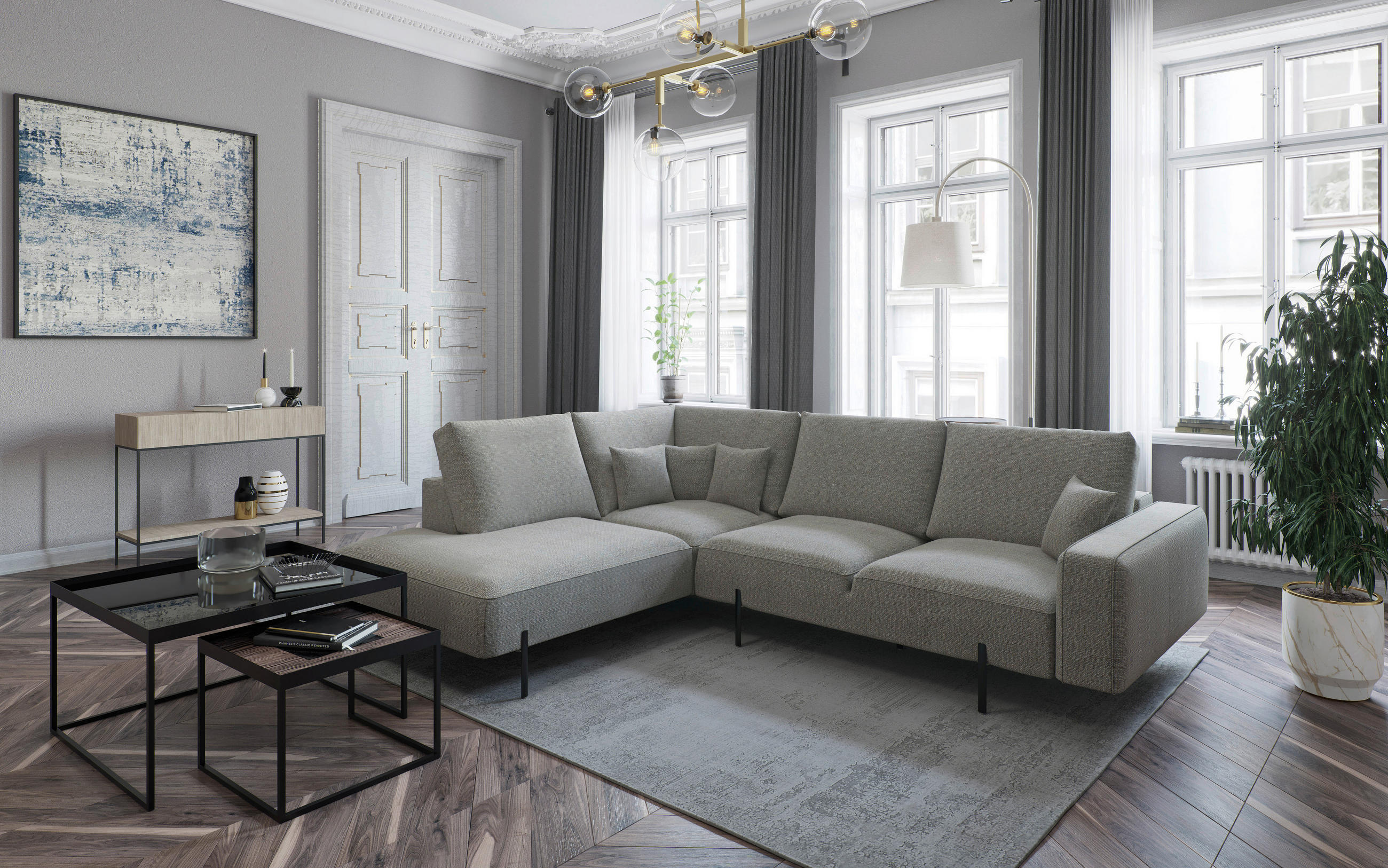 ECKSOFA in Flachgewebe Hellbraun  - Hellbraun/Schwarz, Design, Textil/Metall (280/223cm) - Livetastic