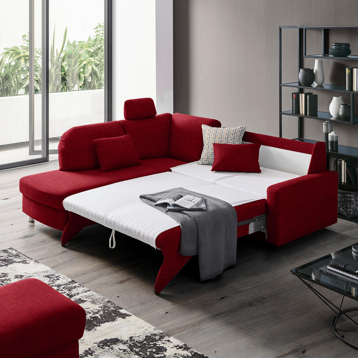 ECKSOFA in Chenille Rot  208/227 cm  - Rot/Alufarben, KONVENTIONELL, Textil/Metall (208/227cm) - Sedda