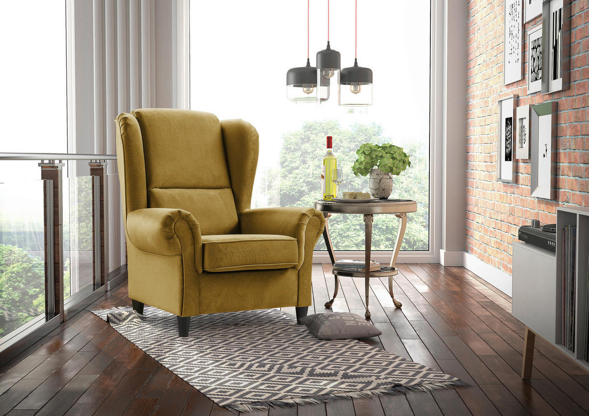 OHRENSESSEL in Plüsch Senfgelb  - Senfgelb/Schwarz, Design, Holz/Textil (94/112/92cm) - MID.YOU