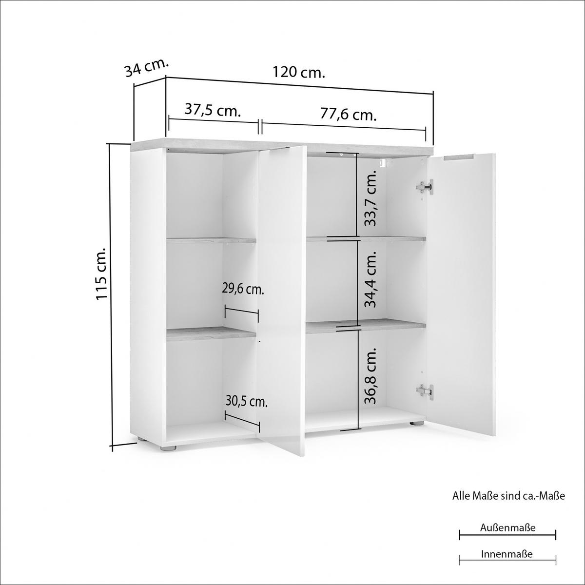 VISOKA KOMODA   120,3/115/34 cm   bijela, boje hrasta  - bijela/boje hrasta, Design, drvni materijal/metal (120,3/115/34cm) - Voleo
