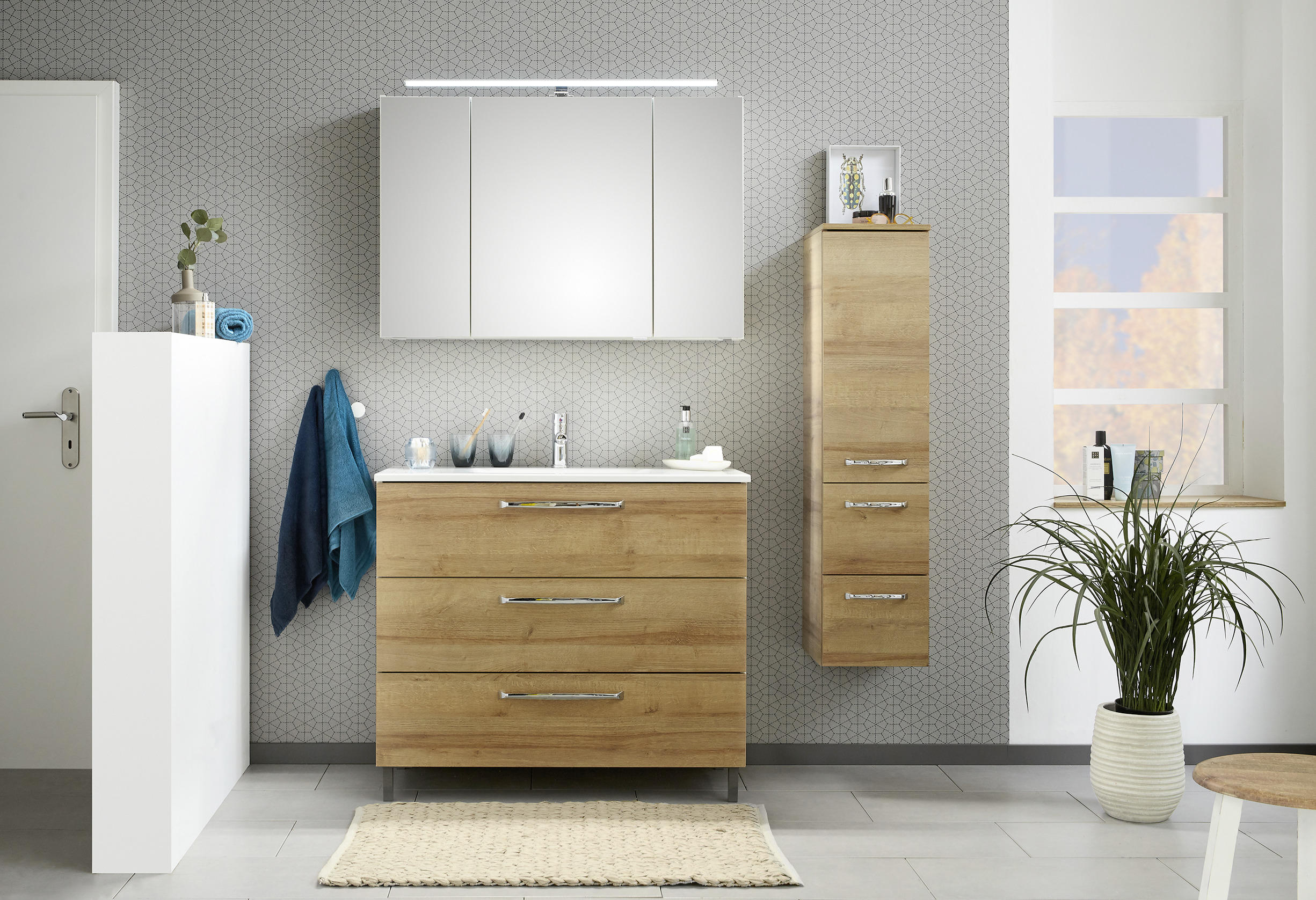 Thumbnail - Xora Midischrank Luga, Eiche, Holzwerkstoff, 2 Fächer, 2 Schublade(n) Schubladen, 30x123x33 cm, Beimöbel erhältlich, hän...