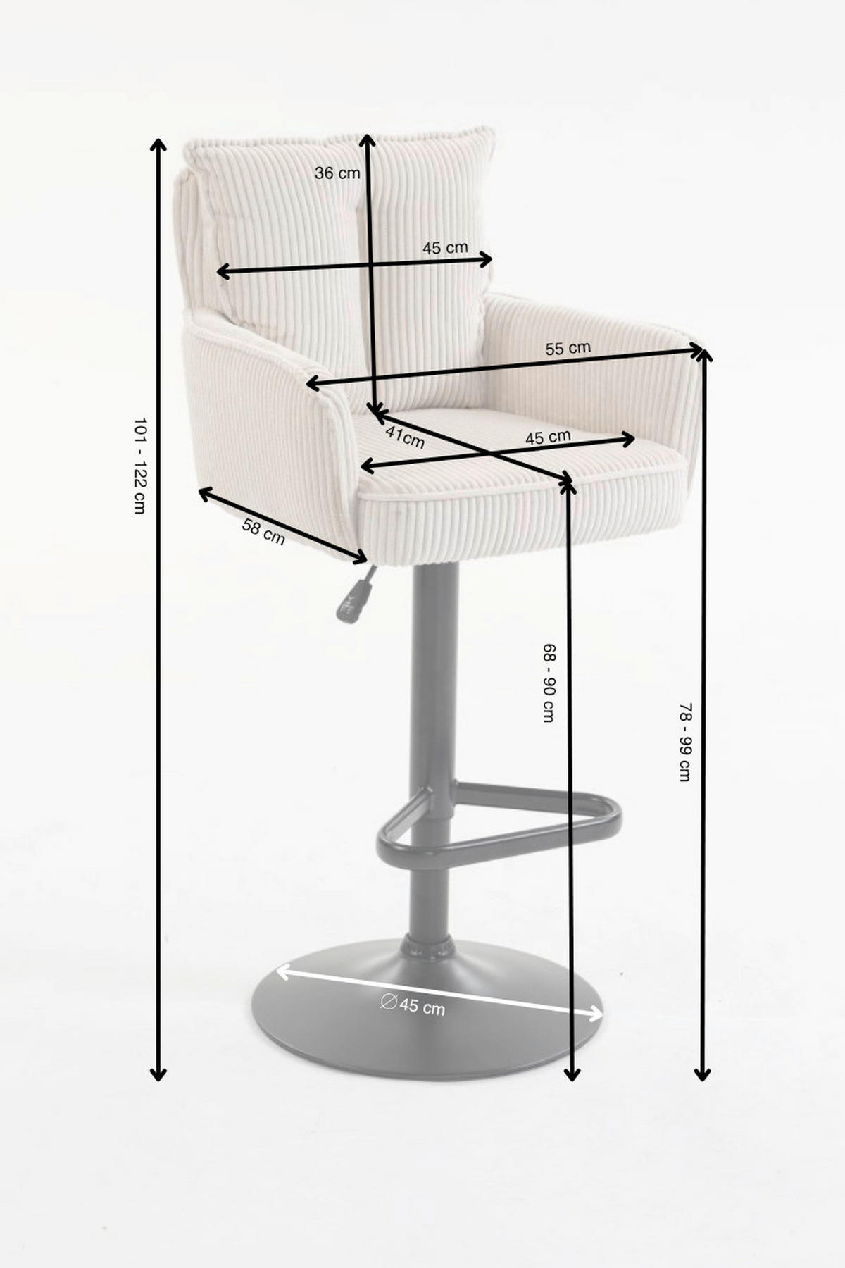 BARHOCKER Cord Beige Eisen Stoffauswahl, Sitzfläche 360° drehbar, inklusive Armlehnen  - Beige/Schwarz, Design, Textil/Metall (54/101-122/58cm) - Novel
