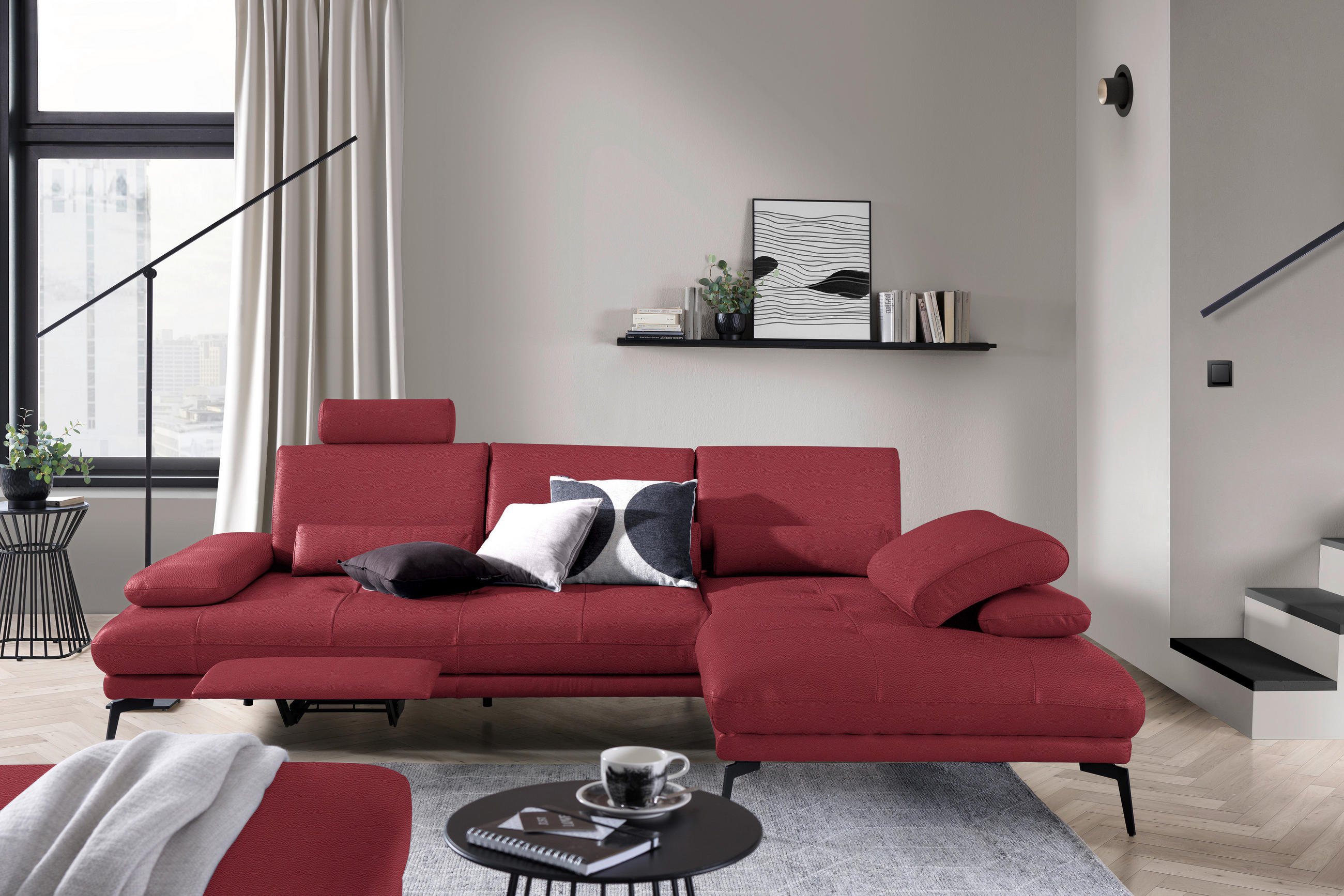 ECKSOFA in Echtleder Rot  - Rot/Schwarz, Design, Leder/Metall (273/187cm) - Celina Home