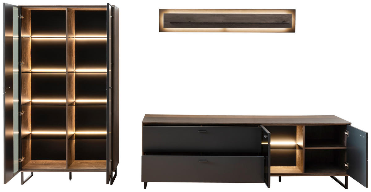 WOHNWAND  in Schwarz, Eichefarben  321/185/50 cm  - Eichefarben/Anthrazit, Design, Glas/Holz (321/185/50cm) - MID.YOU