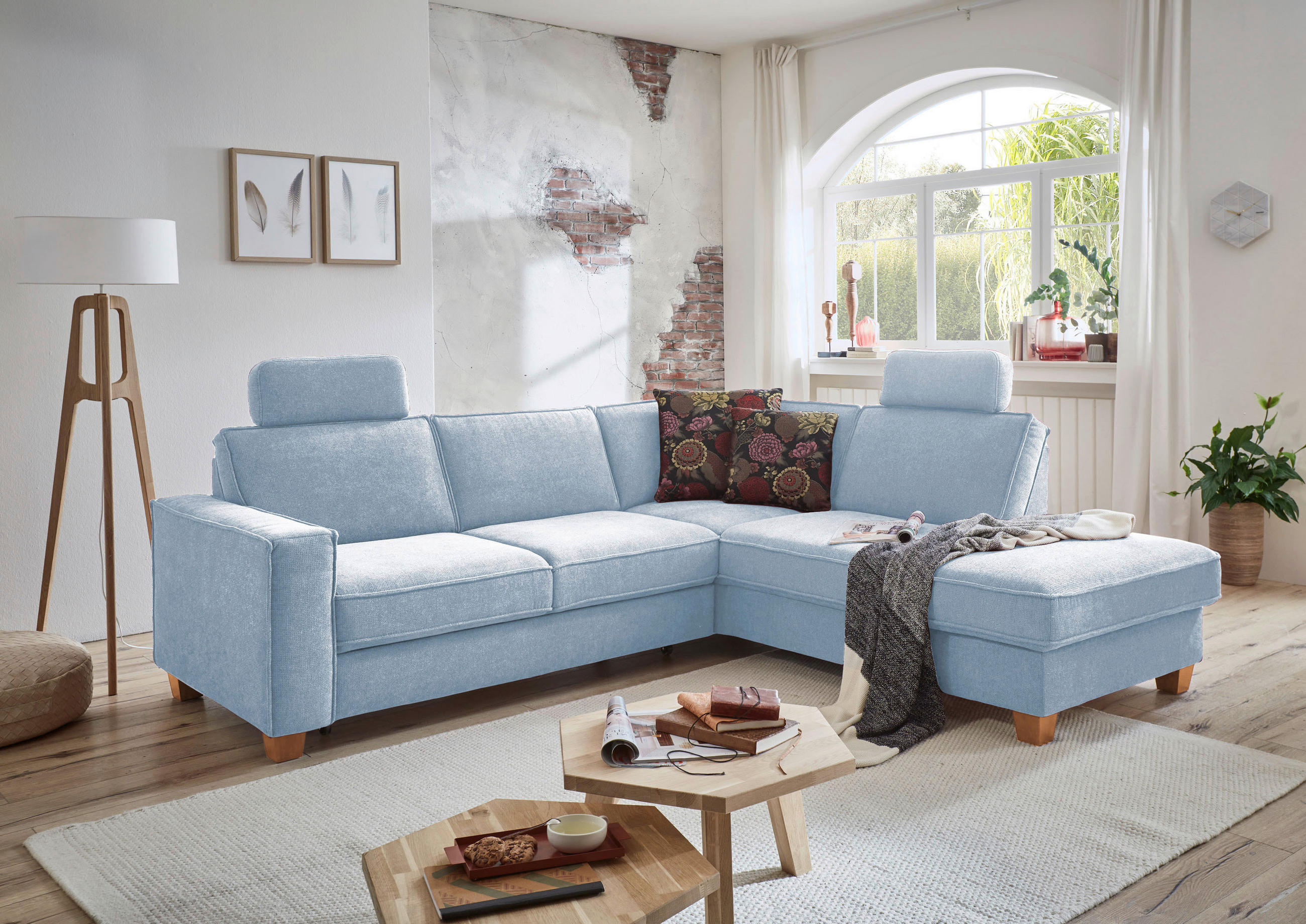 ECKSOFA Hellblau Flachgewebe Stauraum, Kopfstütze, Liegefläche im Originalstoff  - Eichefarben/Hellblau, KONVENTIONELL, Holz/Textil (236/213cm) - Sit & More