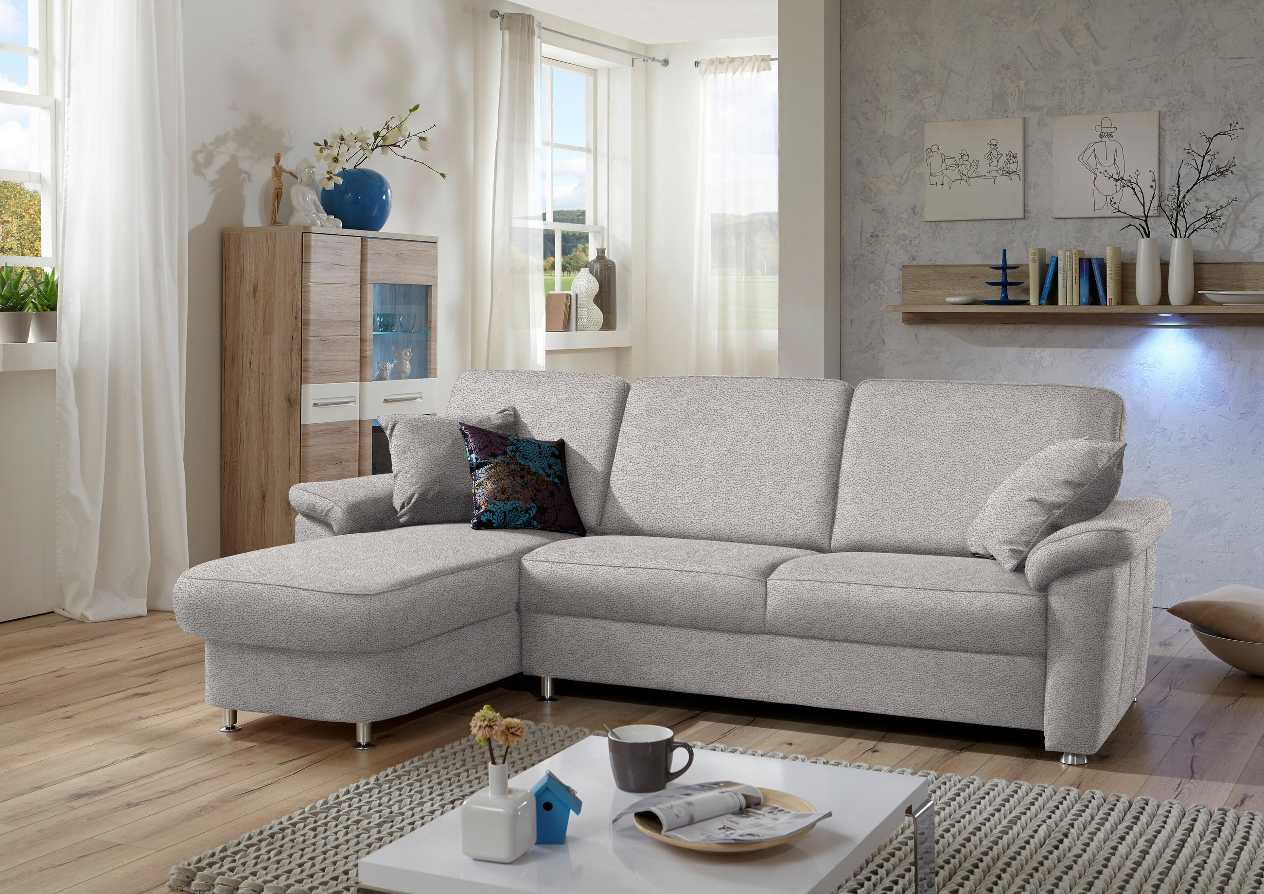 ECKSOFA in Flachgewebe Hellgrau  - Chromfarben/Hellgrau, Konventionell, Textil/Metall (163/250cm) - Beldomo System