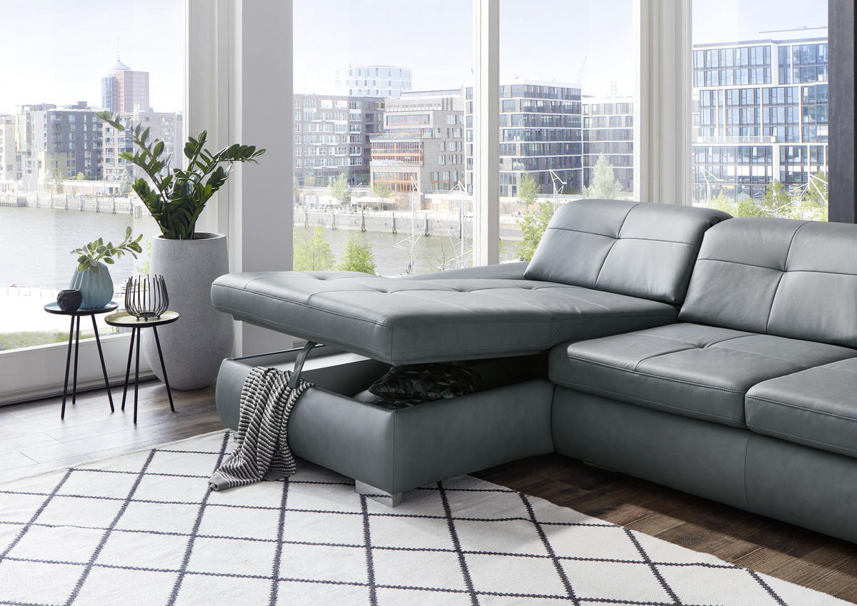 ECKSOFA in Echtleder Grau  - Alufarben/Grau, Design, Leder/Metall (195/309cm) - Beldomo Premium