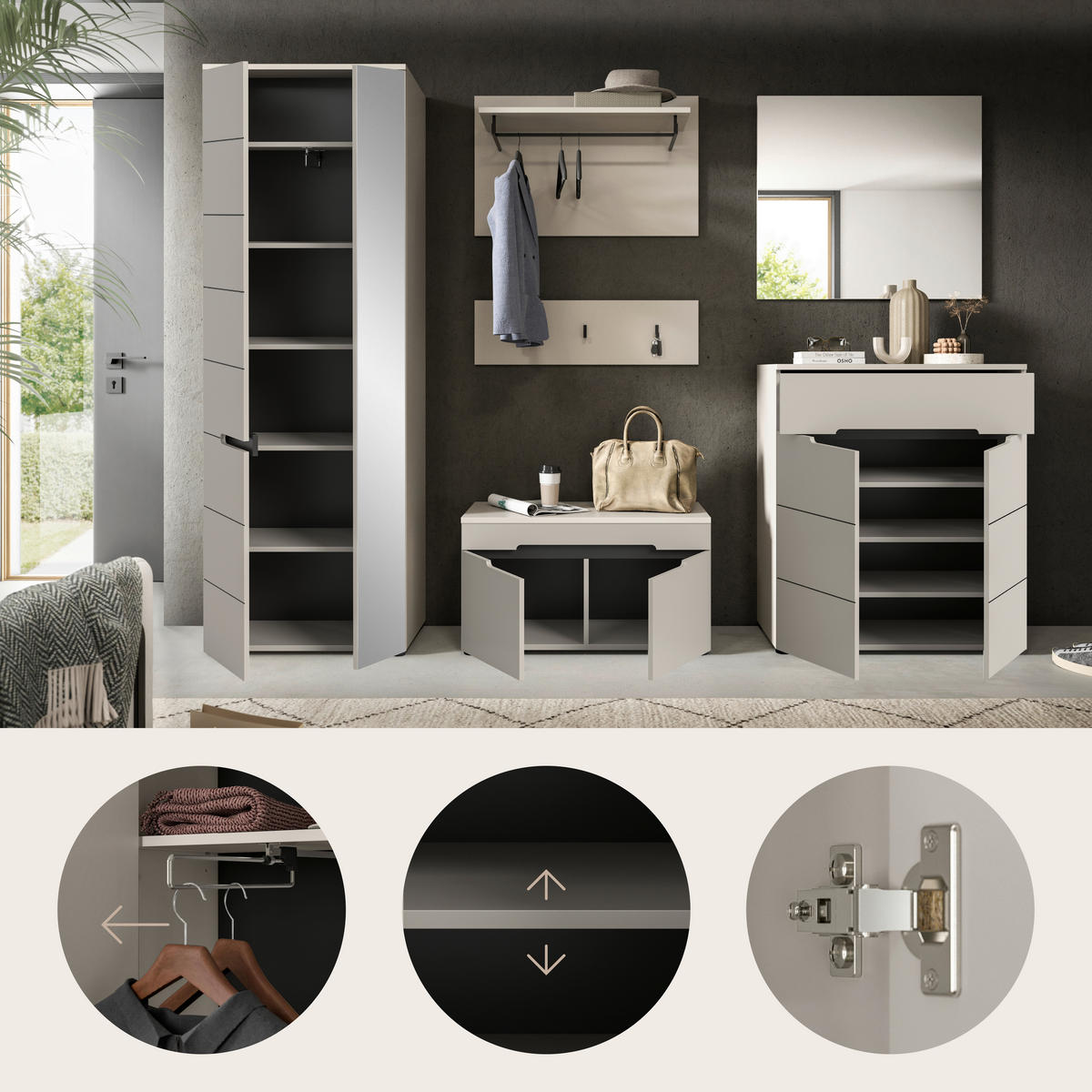 GARDEROBE 5-teilig  in 255/190/37 cm  - Kaschmir/Grau, Design, Holzwerkstoff (255/190/37cm) - MID.YOU
