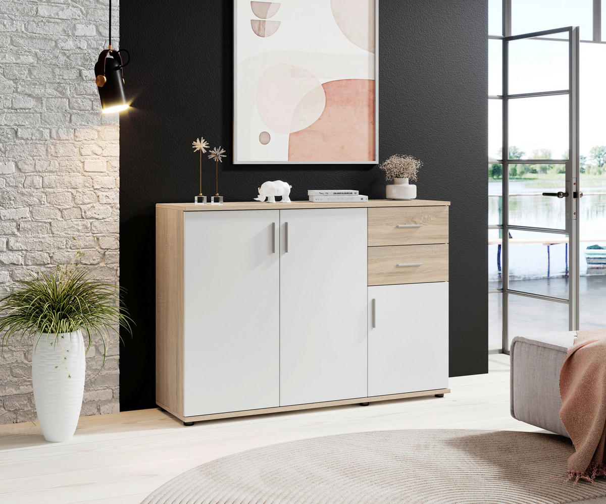 KOMODA, bela, hrast sonoma  - srebrne barve/bela, Design, umetna masa/leseni material (120/84/35cm) - Boxxx