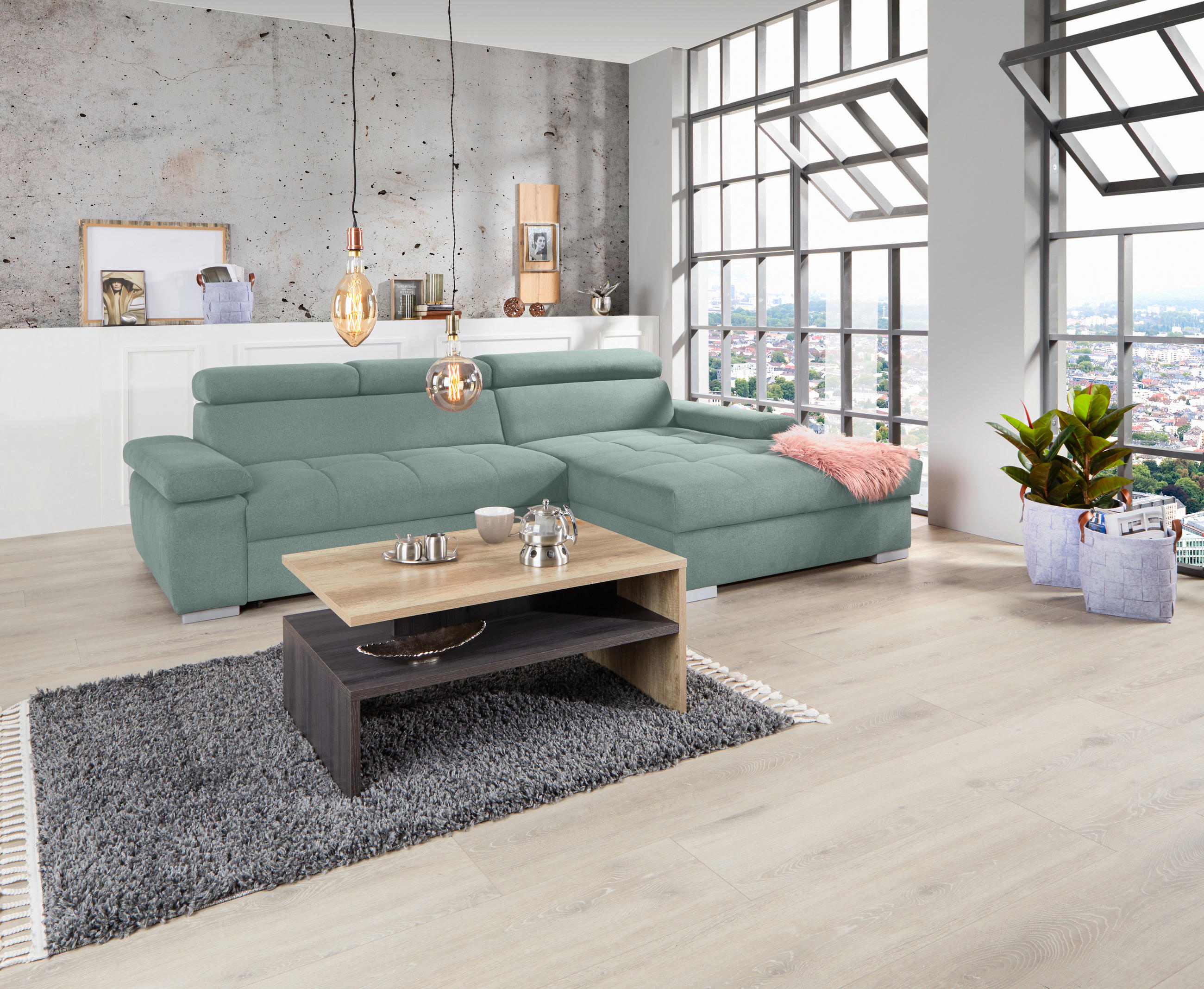 ECKSOFA in Velours Grün  - Silberfarben/Grün, Design, Holz/Textil (292/183cm) - Livetastic