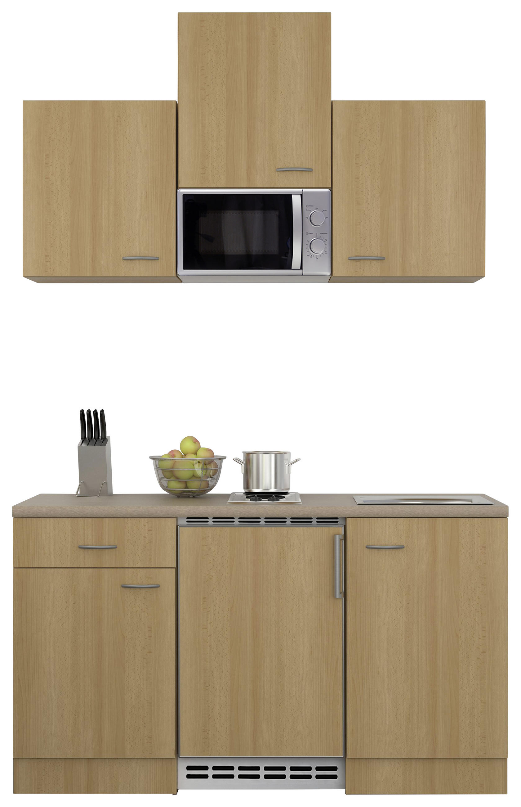 MINIKÜCHE 150 cm in Creme, Buchefarben - Edelstahlfarben/Buchefarben, MODERN (150cm) - MID.YOU