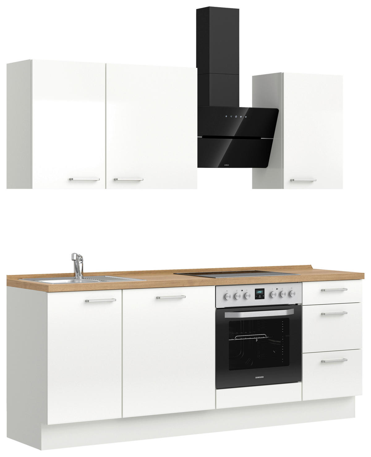 KÜCHENBLOCK Flash 210 cm  in Eichefarben, Weiß Hochglanz  - Edelstahlfarben/Eichefarben, MODERN, Holzwerkstoff/Metall (210cm) - Nobilia
