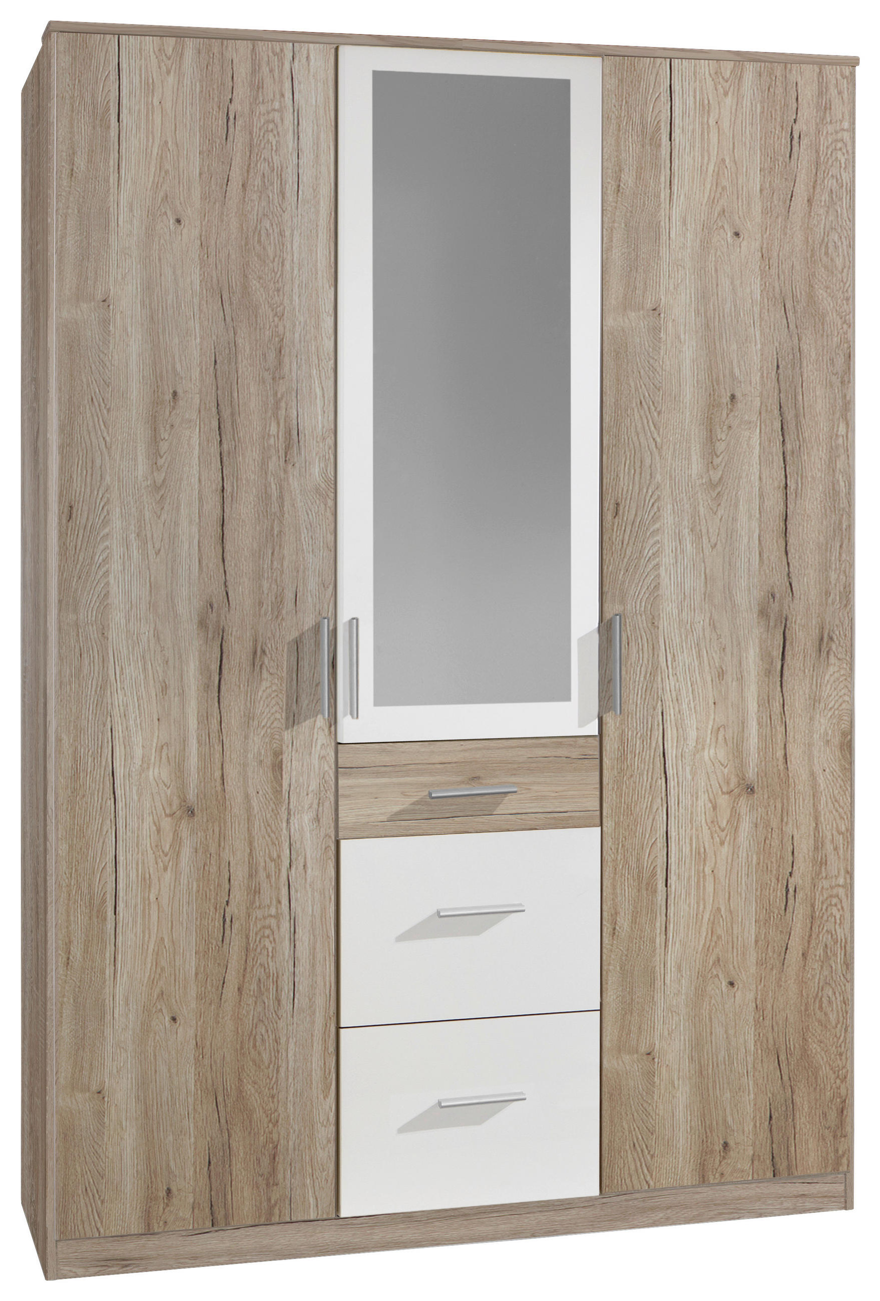 KLEIDERSCHRANK Weiß, Eiche San Remo 3 Tür(en)  - Alufarben/Weiß, KONVENTIONELL, Glas/Holzwerkstoff (135/199/58cm) - Boxxx