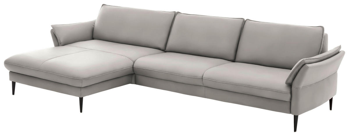 ECKSOFA in Echtleder Hellgrau  - Hellgrau/Schwarz, Design, Leder/Metall (172/334cm) - Hukla