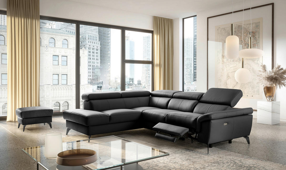 ECKSOFA SONO in Lederlook Echtleder Schwarz Armteilverstellung, Kopfteilverstellung  210/265 cm  - Schwarz, Design, Leder/Textil (210/265cm) - Livetastic