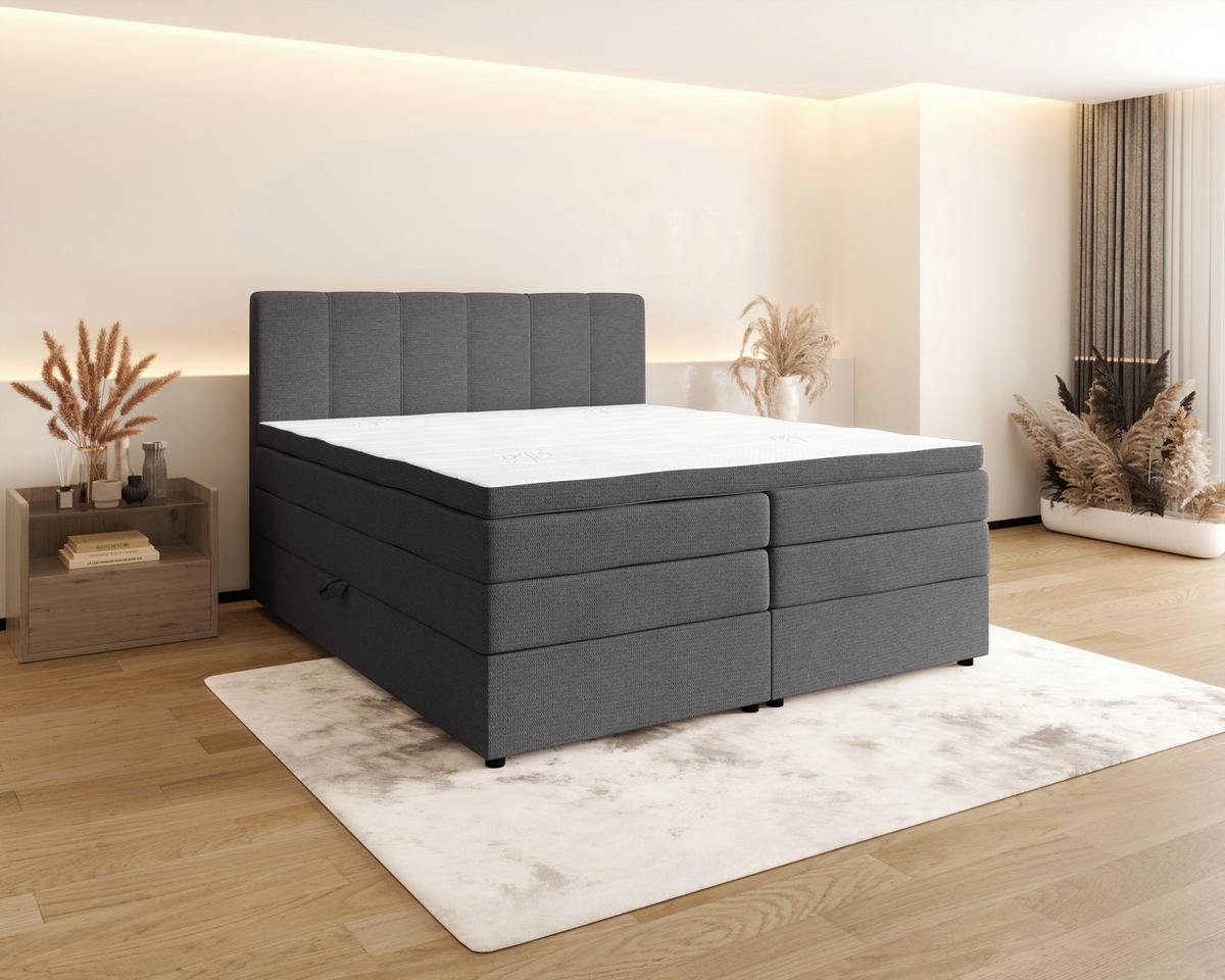 BOXSPRINGBETT 200/200 cm,  in Anthrazit, gepolstertes Kopfteil, Bettkasten, Topper, Matratzen, H2 + H3 = mittel + fest  - Anthrazit/Schwarz, KONVENTIONELL, Kunststoff/Textil (200/200cm) - Esposa