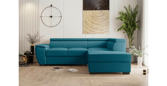 ECKSOFA Petrol Flachgewebe Schlaffunktion, Rücken echt, Kopfteilverstellung, Liegefläche im Originalstoff  - Petrol/Schwarz, KONVENTIONELL, Kunststoff/Textil (266/220cm) - Carryhome