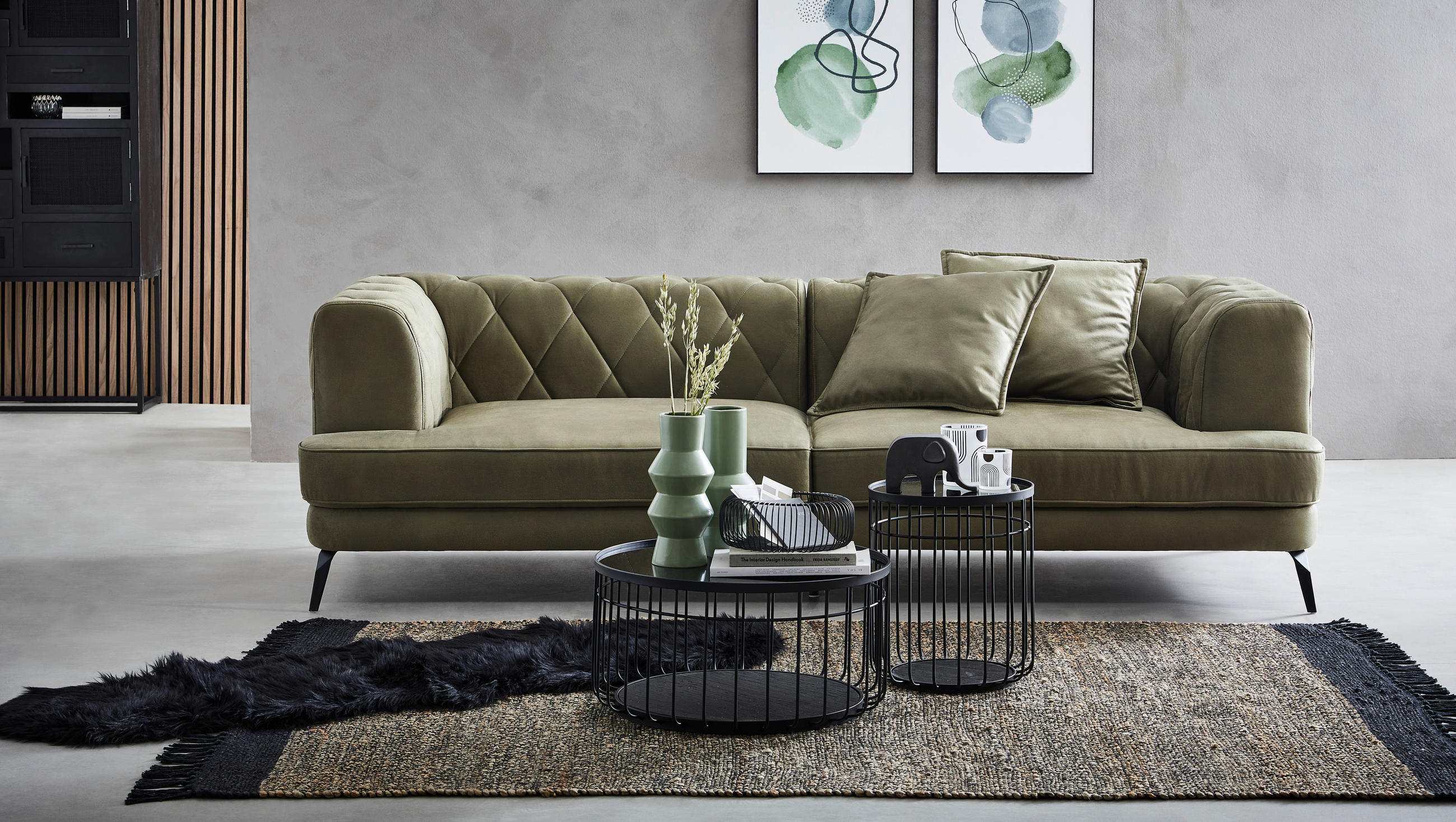 CHESTERFIELD-SOFA Samt Olivgrün  - Schwarz/Olivgrün, KONVENTIONELL, Textil/Metall (247/76/105cm) - Ambia Home