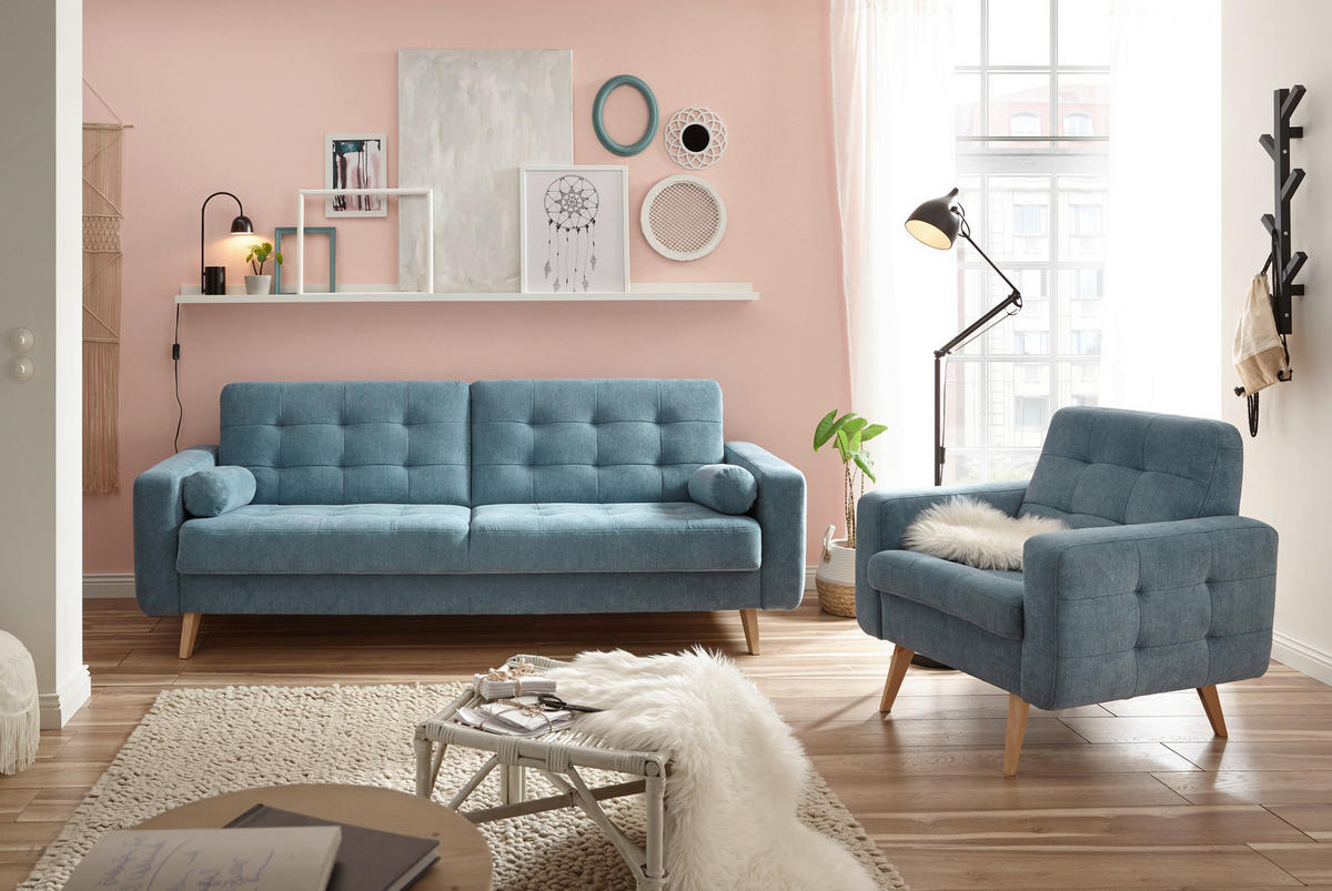 SCHLAFSOFA  mit Rücken echt Mikrovelours Blau  - Blau/Eichefarben, MODERN, Holz/Textil (222/86/90cm) - MID.YOU