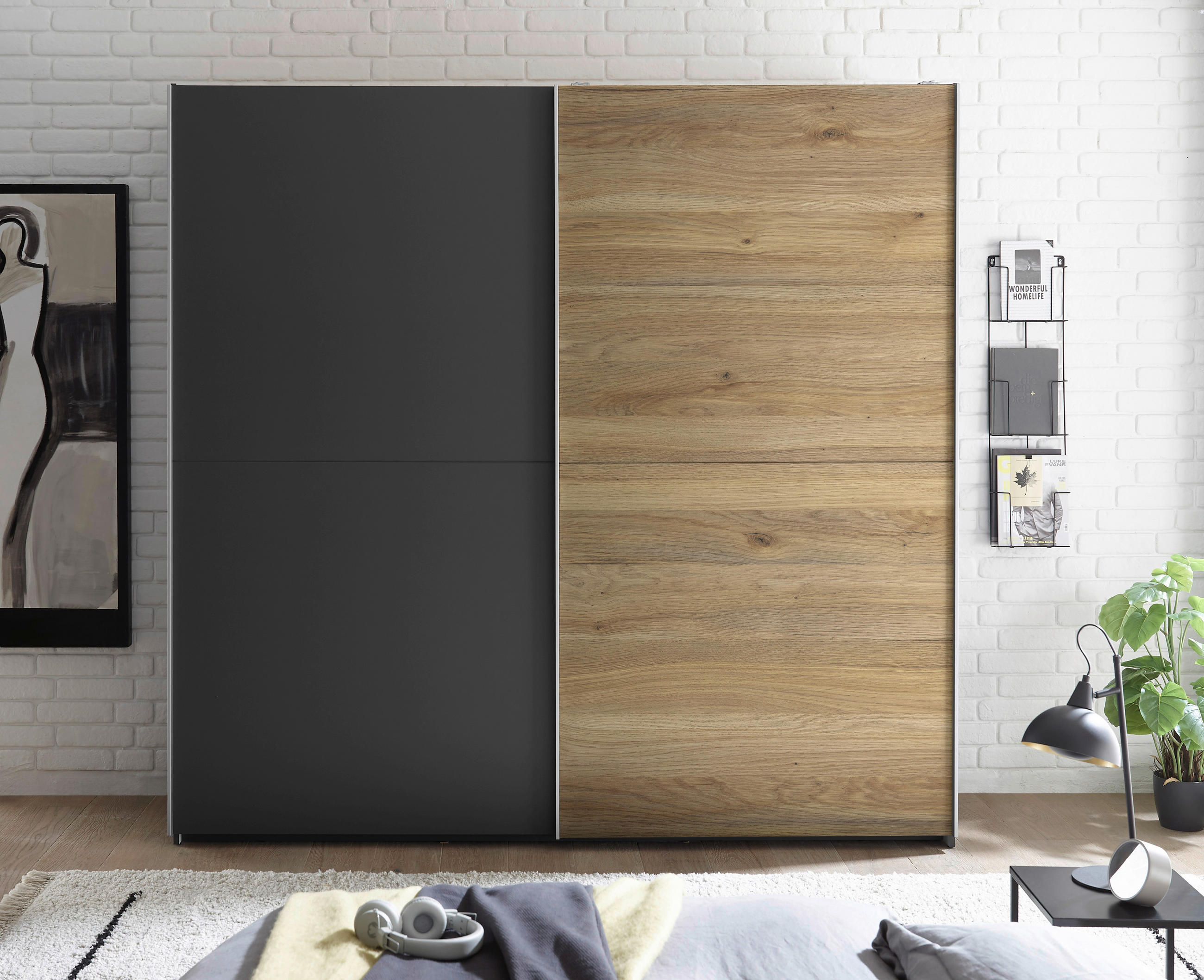 SCHWEBETÜRENSCHRANK 215/210/60 cm 2-türig Graphitfarben, Eichefarben  - Eichefarben/Schwarz, KONVENTIONELL, Holzwerkstoff/Metall (215/210/60cm) - Boxxx