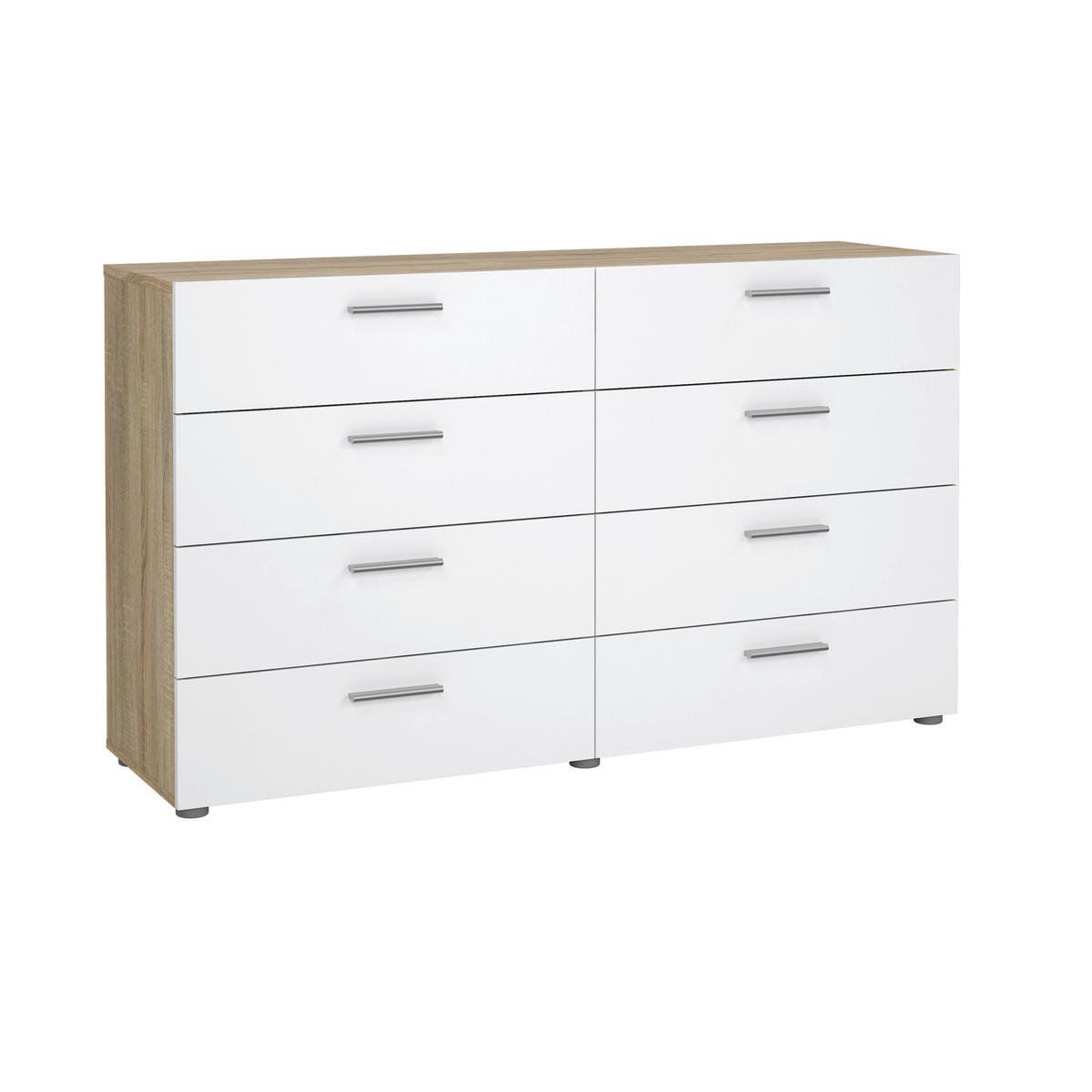 KOMODA   140/81,7/40 cm   boje hrasta, bijela visoki sjaj  - srebrne boje/boje hrasta, Design, drvni materijal/metal (140/81,7/40cm) - Livetastic