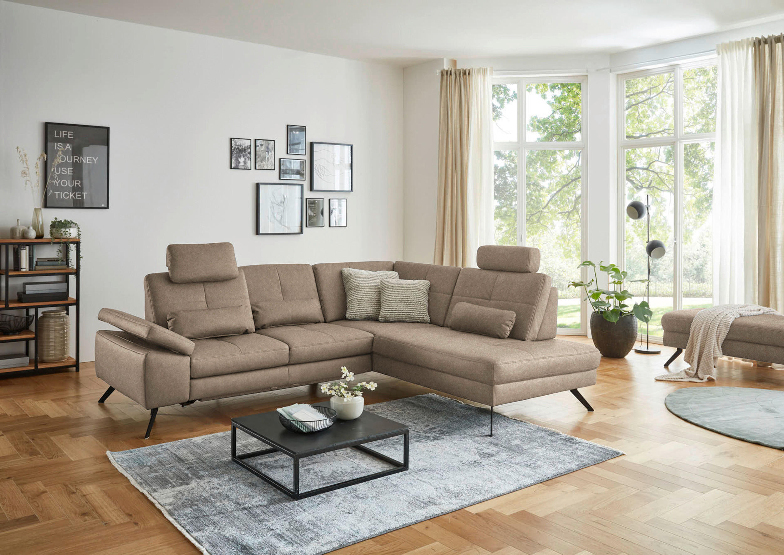 ECKSOFA in Lederlook, Mikrofaser Hellbraun  - Hellbraun/Schwarz, Design, Textil/Metall (261/220cm) - Beldomo System