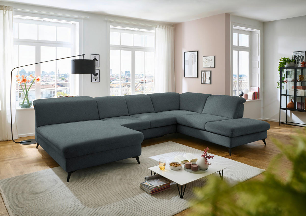 WOHNLANDSCHAFT  in Chenille Blau  - Blau/Schwarz, Design, Textil/Metall (198/369/255cm) - Beldomo Style