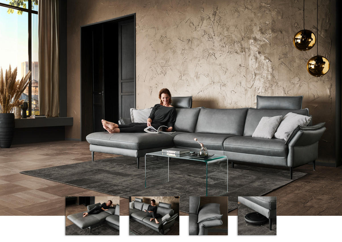 ECKSOFA in Echtleder Anthrazit  172/334 cm  - Anthrazit/Schwarz, Design, Leder/Metall (172/334cm) - Hukla