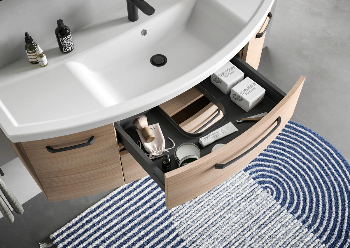 BADEZIMMER 3-teilig  in 135 cm  - Eiche Bianco/Schwarz, MODERN, Glas/Keramik (135cm) - Sadena