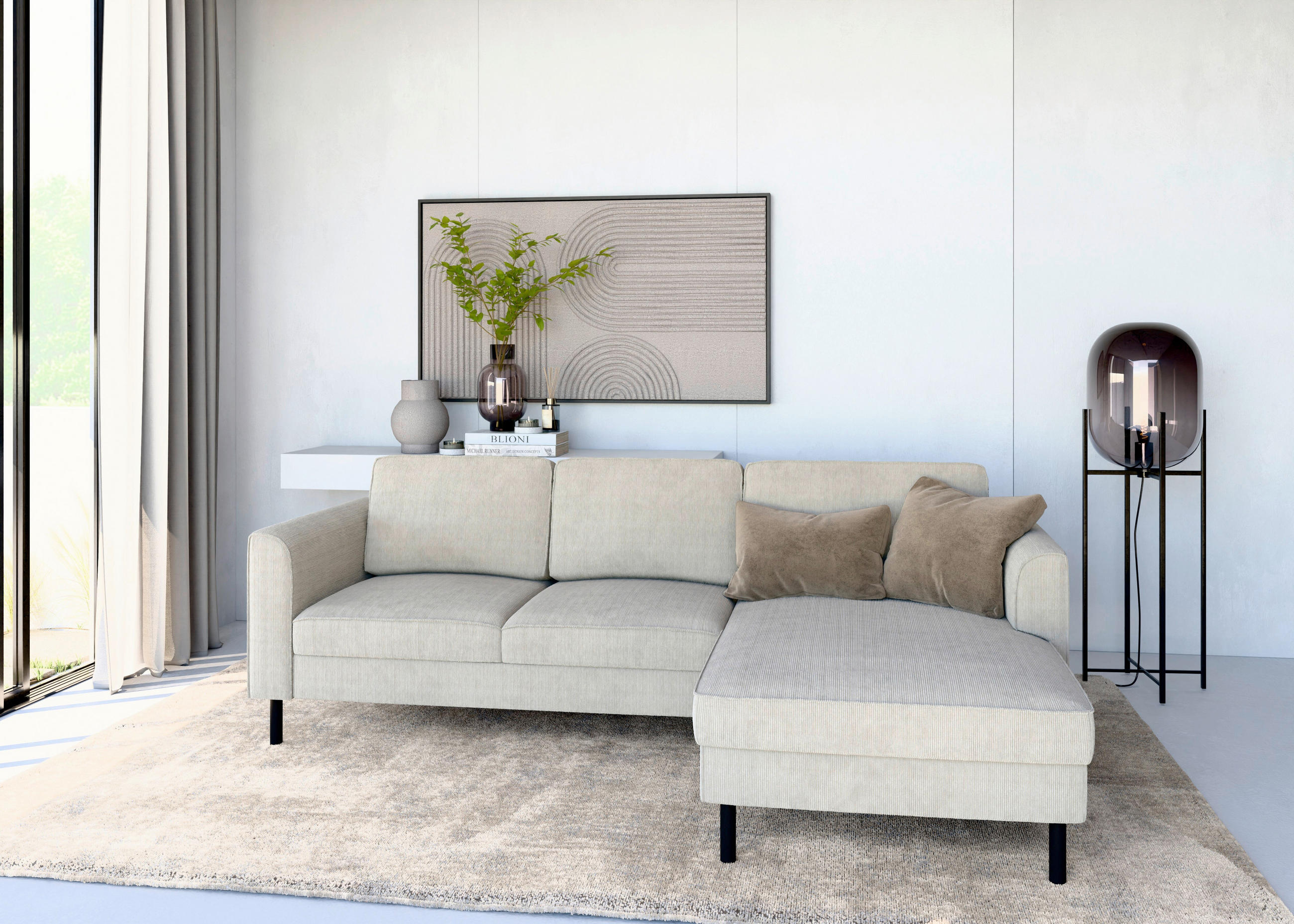 ECKSOFA in Cord Creme  232/161 cm  - Creme/Schwarz, MODERN, Textil/Metall (232/161cm) - Trendmanufaktur