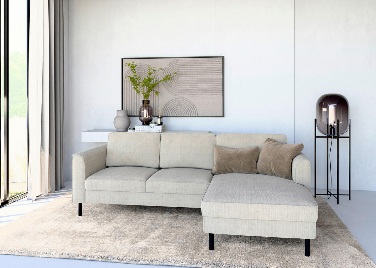 ECKSOFA in Cord Creme  232/161 cm  - Creme/Schwarz, MODERN, Textil/Metall (232/161cm) - Trendmanufaktur