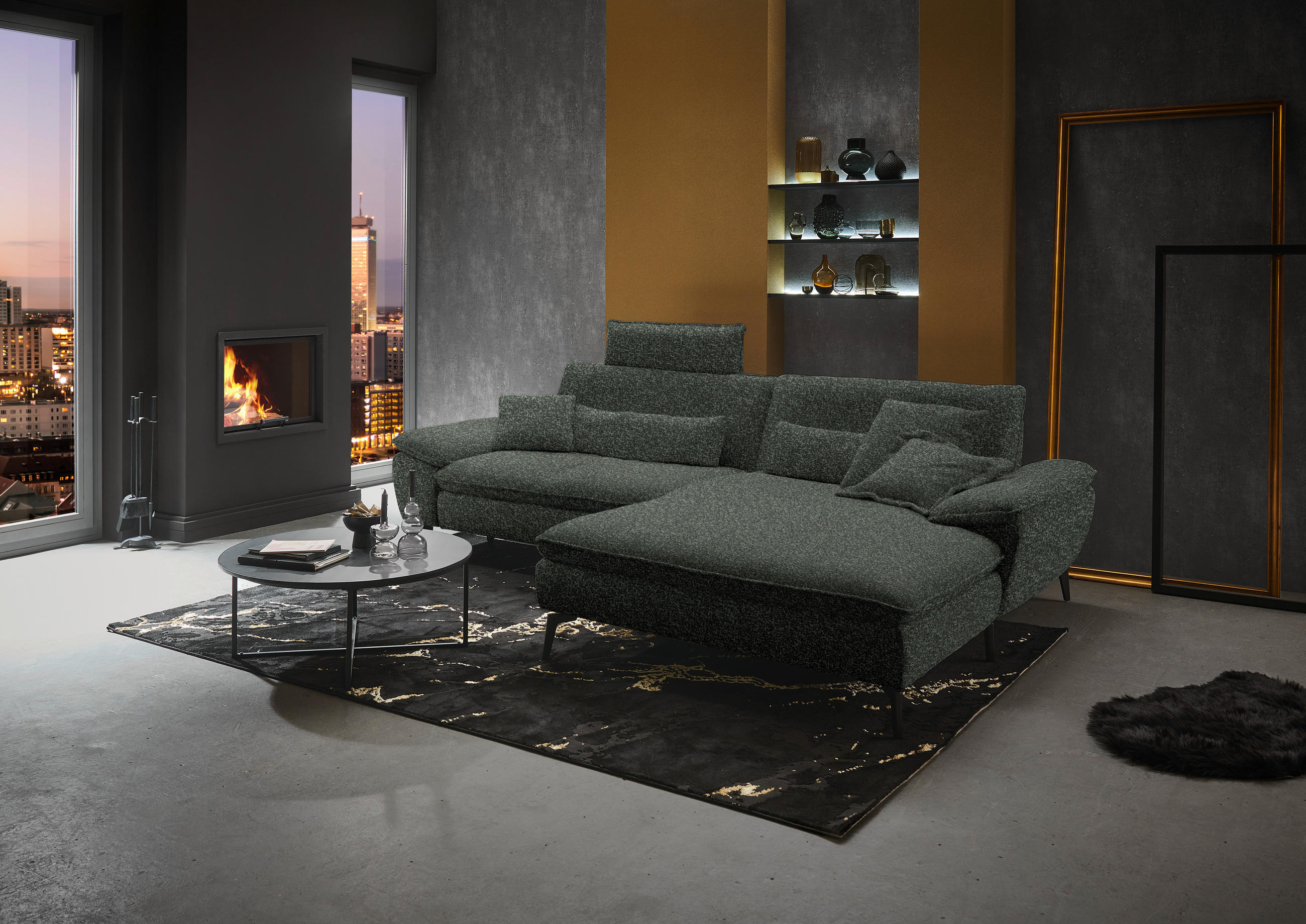 ECKSOFA in Webstoff Dunkelgrün  295/197 cm  - Dunkelgrün/Schwarz, Design, Textil/Metall (295/197cm) - Valdera
