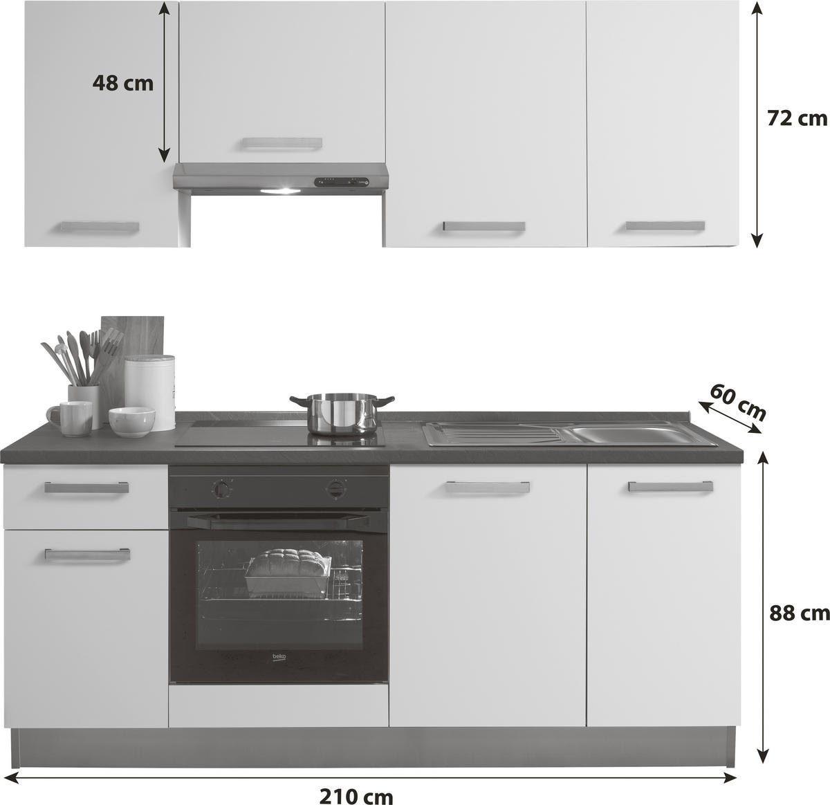 KÜCHENBLOCK 210 cm   in Weiß  - Eiche grau/Alufarben, Basics, Holzwerkstoff/Kunststoff (210cm) - MID.YOU